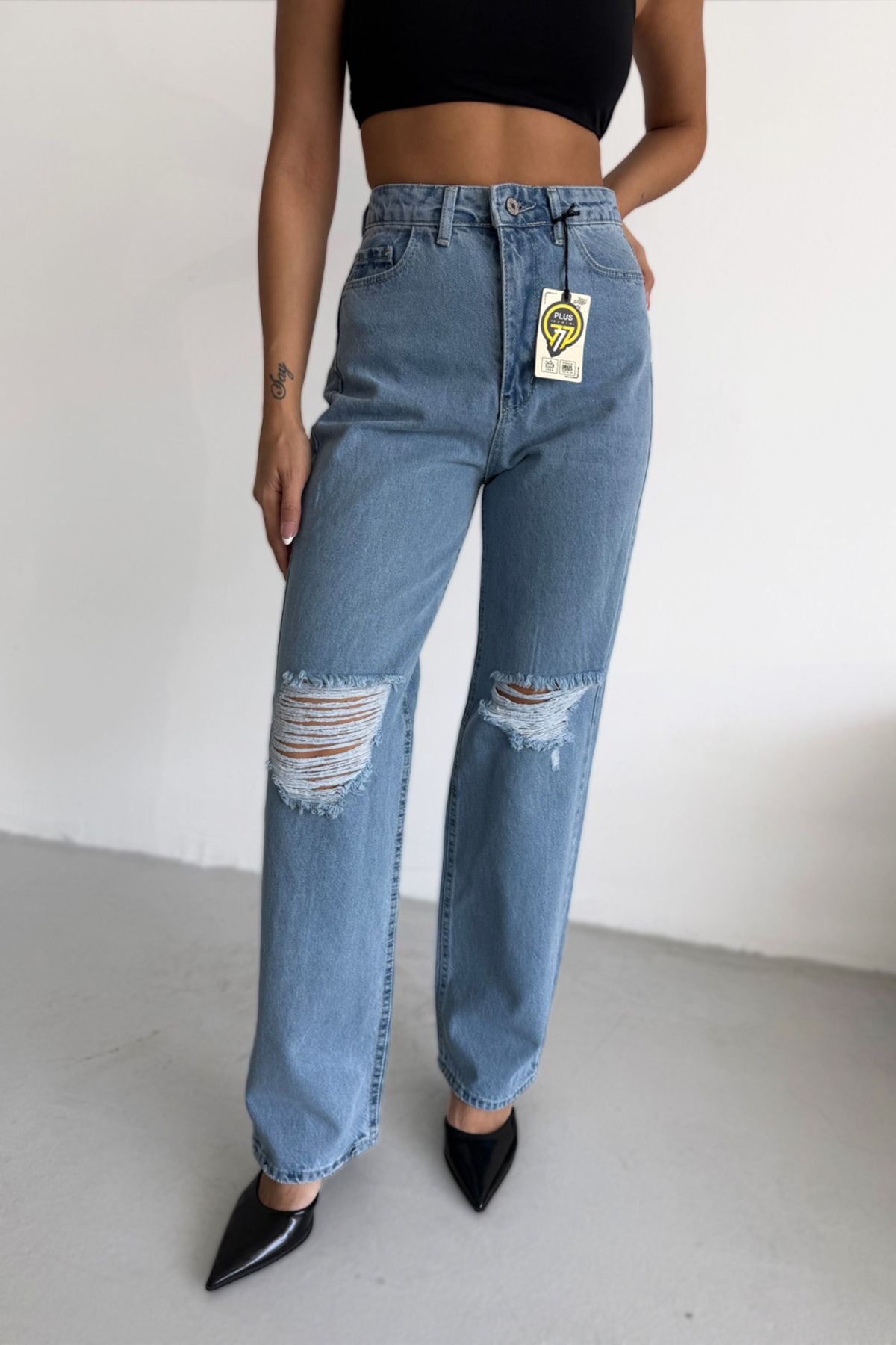 777 Plus Denim Likrasız Palazzo Mavi Jean Pantolon