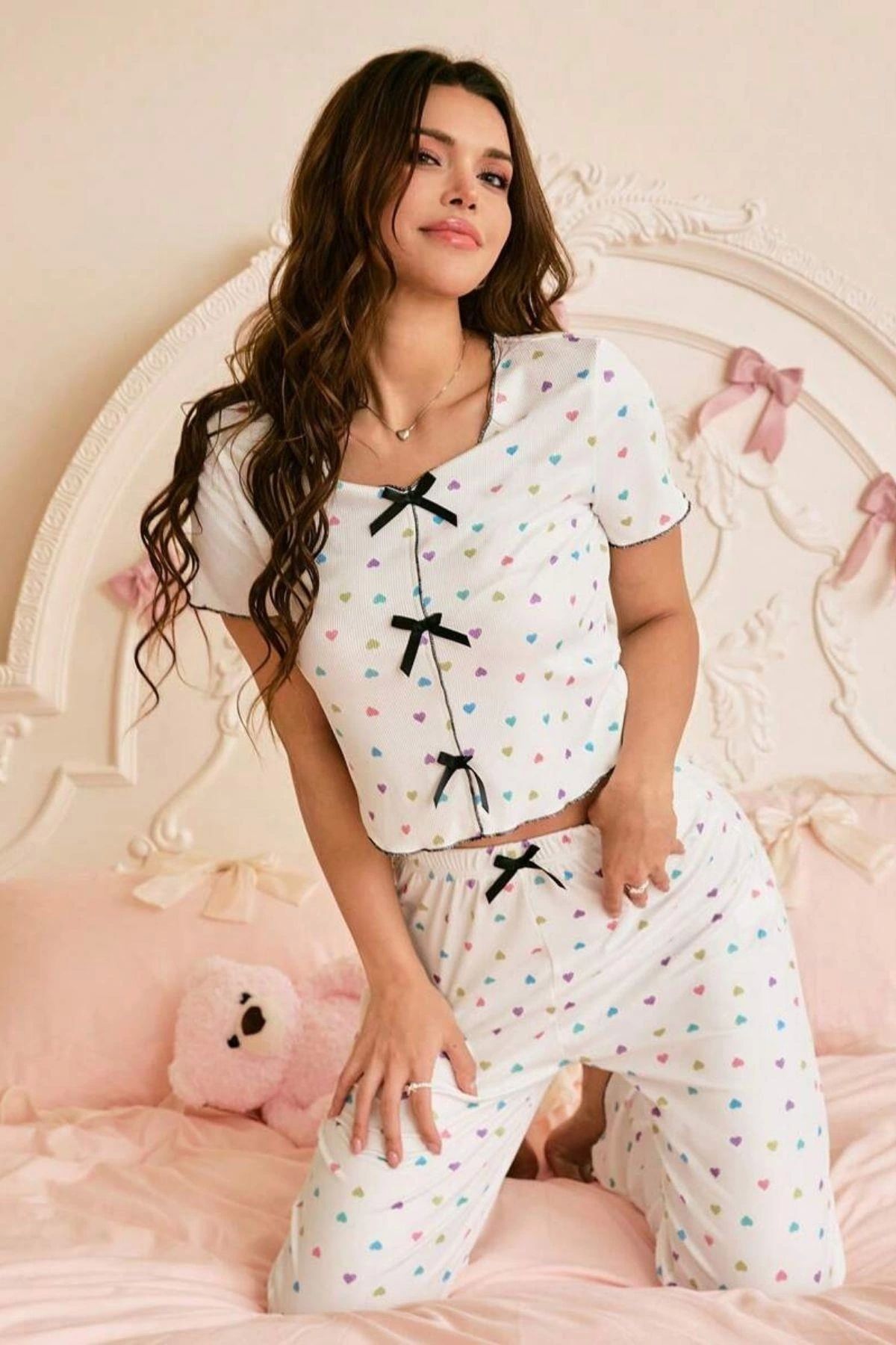 nedo7 Çok Renkli Romantik Kalp Baskılı Fiyonklu Pijama Takımı 7331