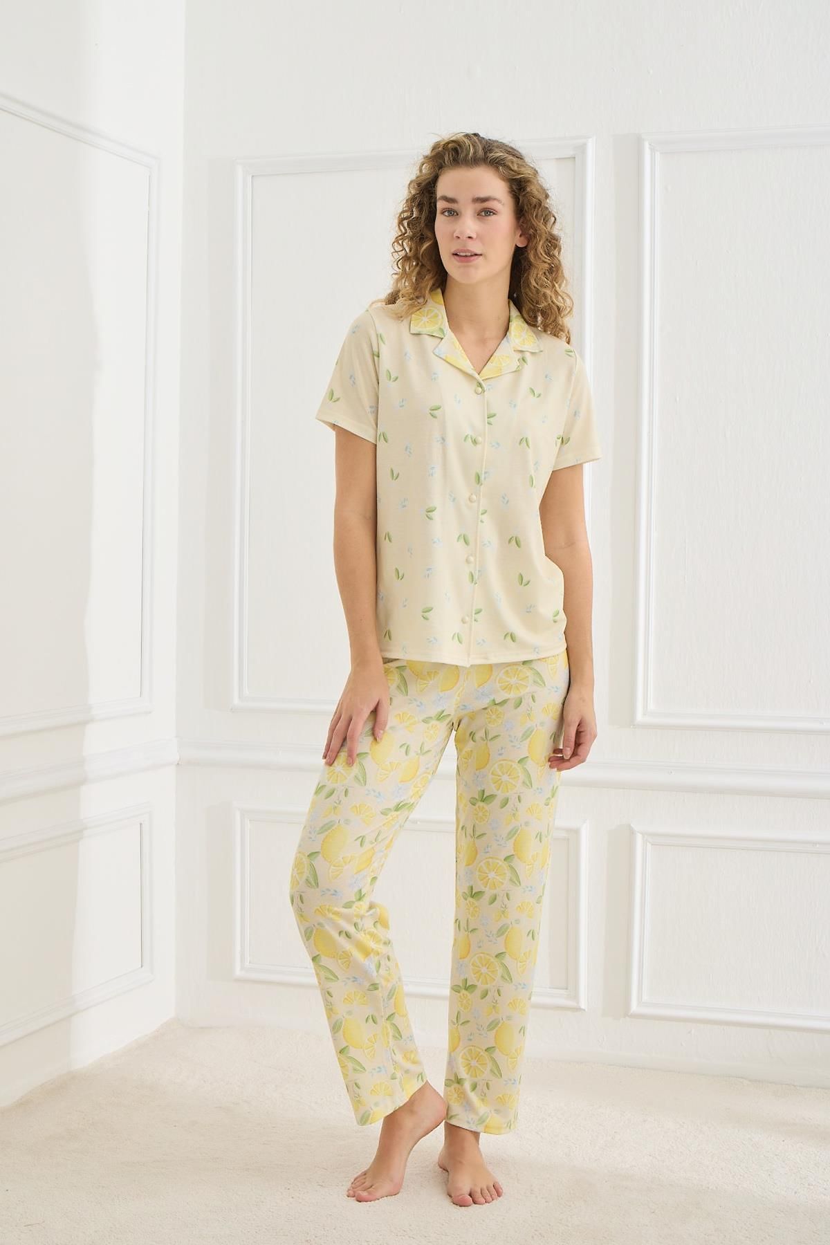 Kompedan Kadın Limon Desenli Polo Yaka Likralı Süprem Pijama Takım | Sarı 70110-856
