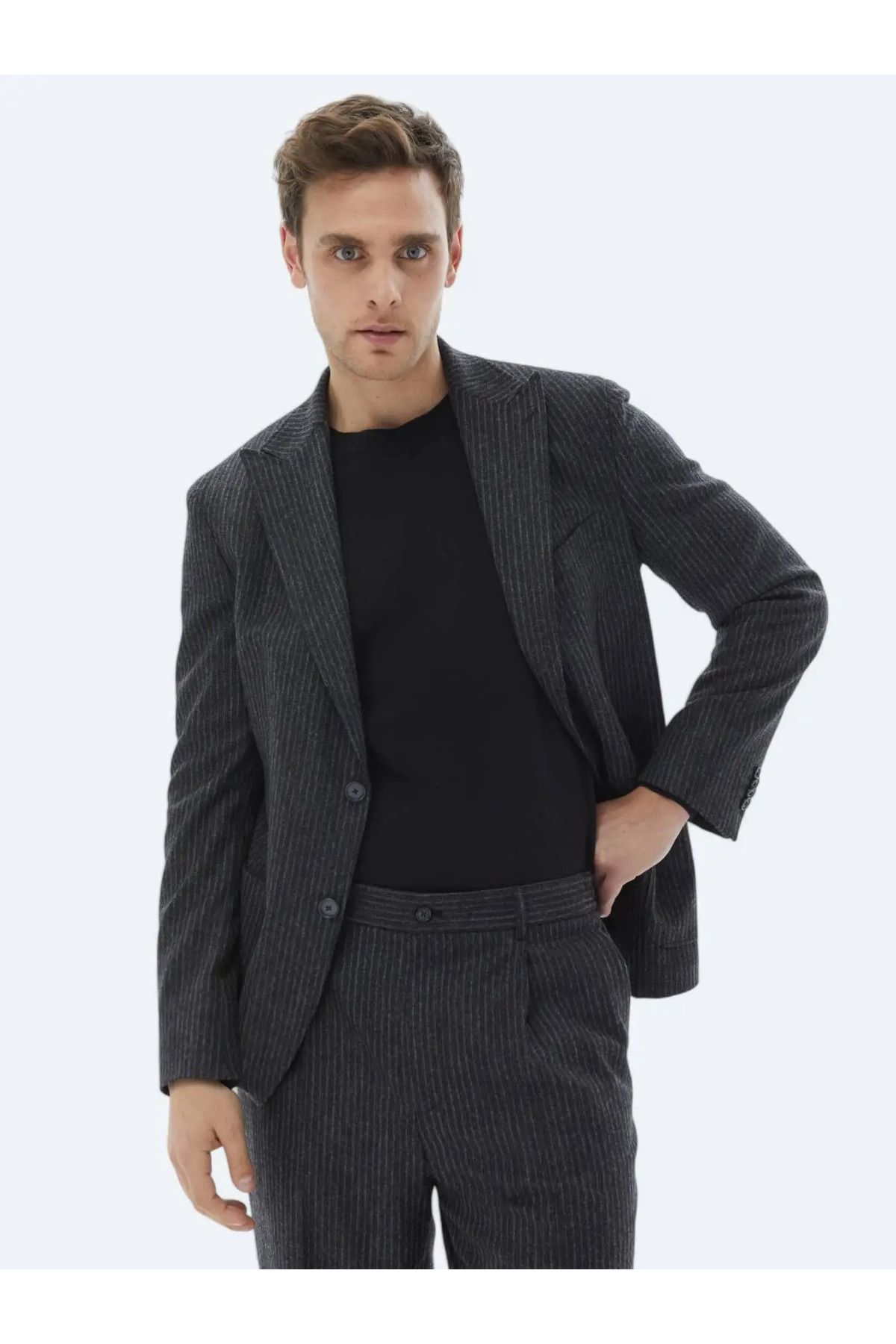 Kip-Anthracite Striped Modern Fit Wool Blended Suit 4