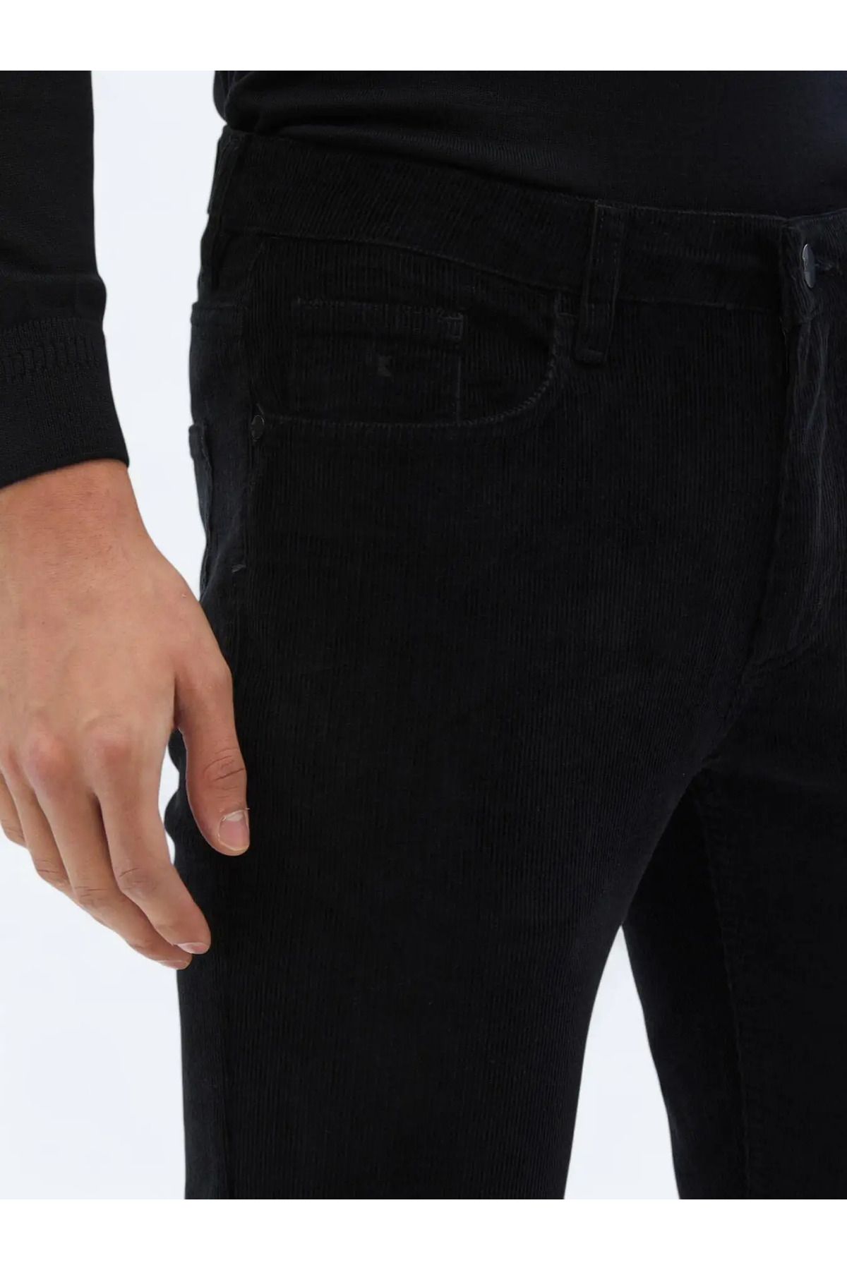 Kip-Μαύρο υφαντό Slim Fit Velvet Casual βαμβακερό παντελόνι 3