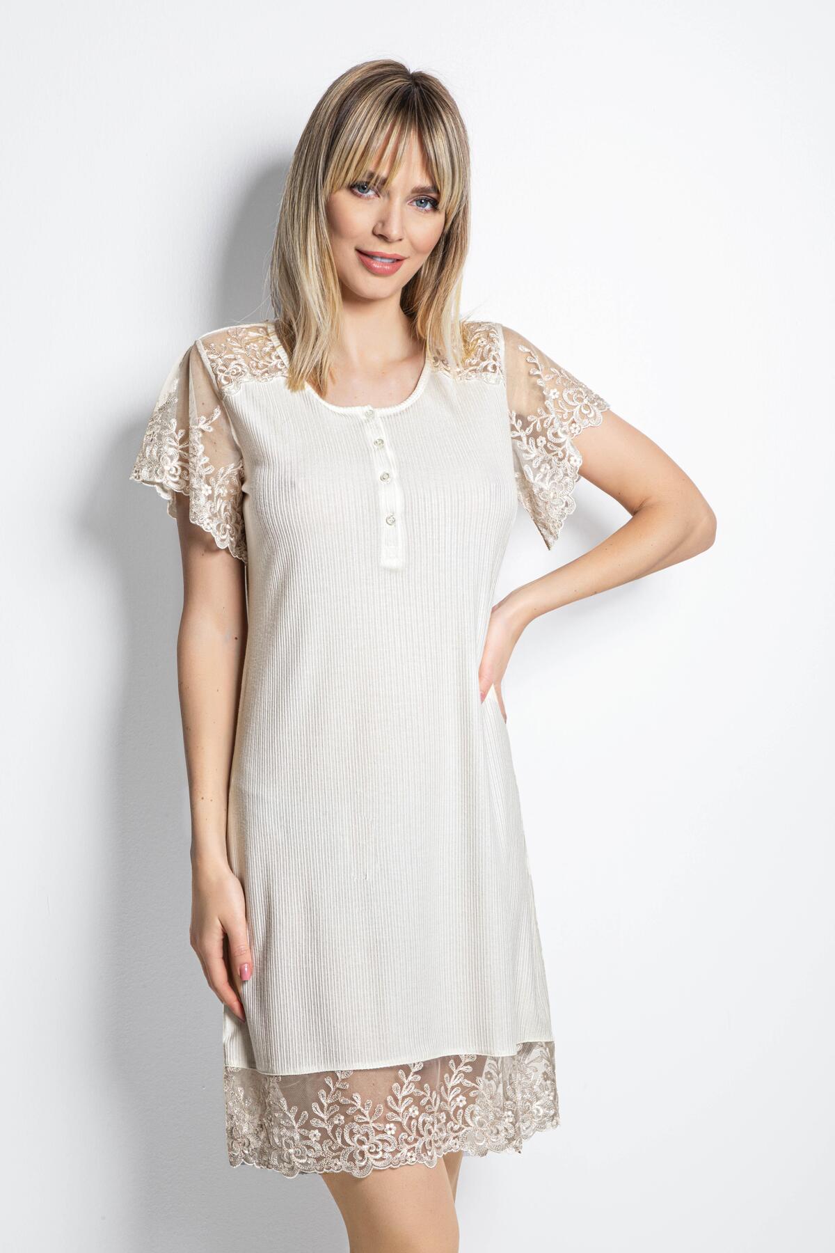 MONAMİSE Kadın, Önü Düğmeli Brode Dantelli Kısa Kollu, Ekru Gecelik