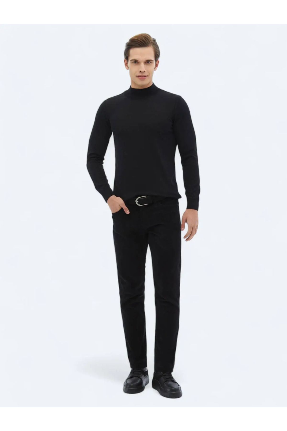 Kip-Μαύρο υφαντό Slim Fit Velvet Casual βαμβακερό παντελόνι 1