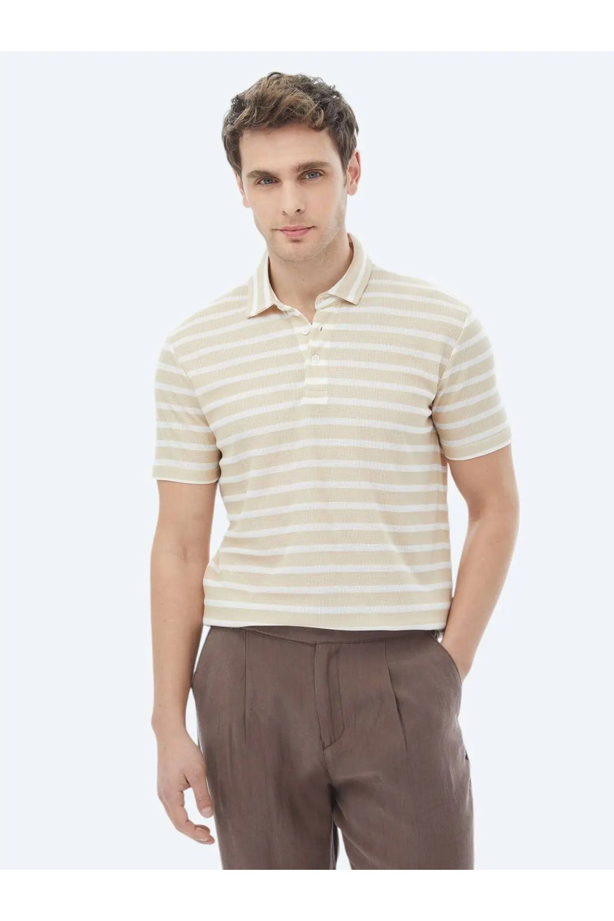 Kip Bej Çizgili Polo Yaka Pamuk Karışımlı T-Shirt