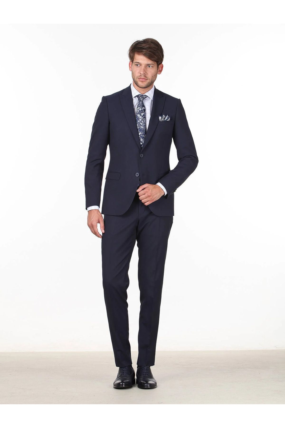 کت وشلوار آبی مردانه Cruve Collar Extra Slim Fit Navy Blue Pattern 6 قطره بافندگی Kip