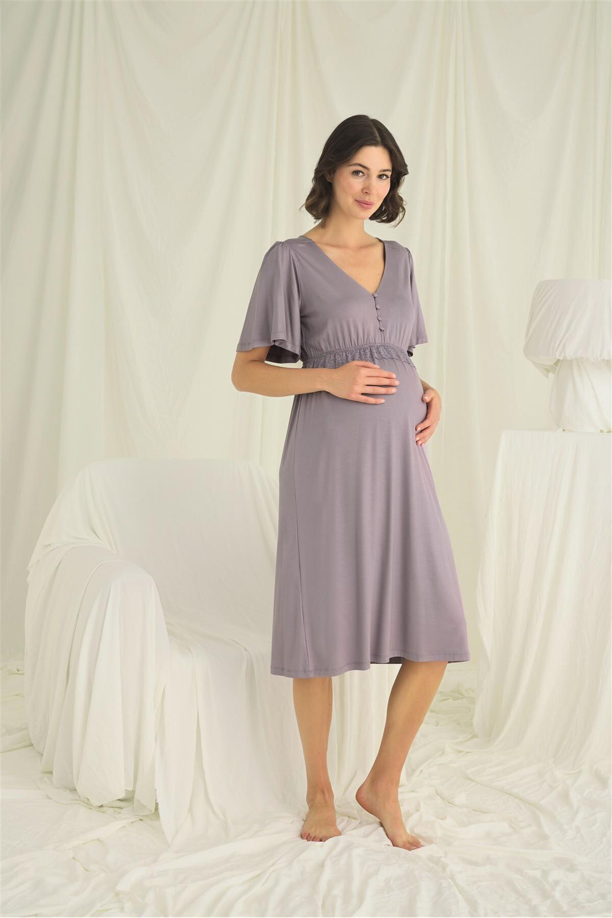 MONAMİSE-Lace Front Buttoned Maternity Nightgown 4