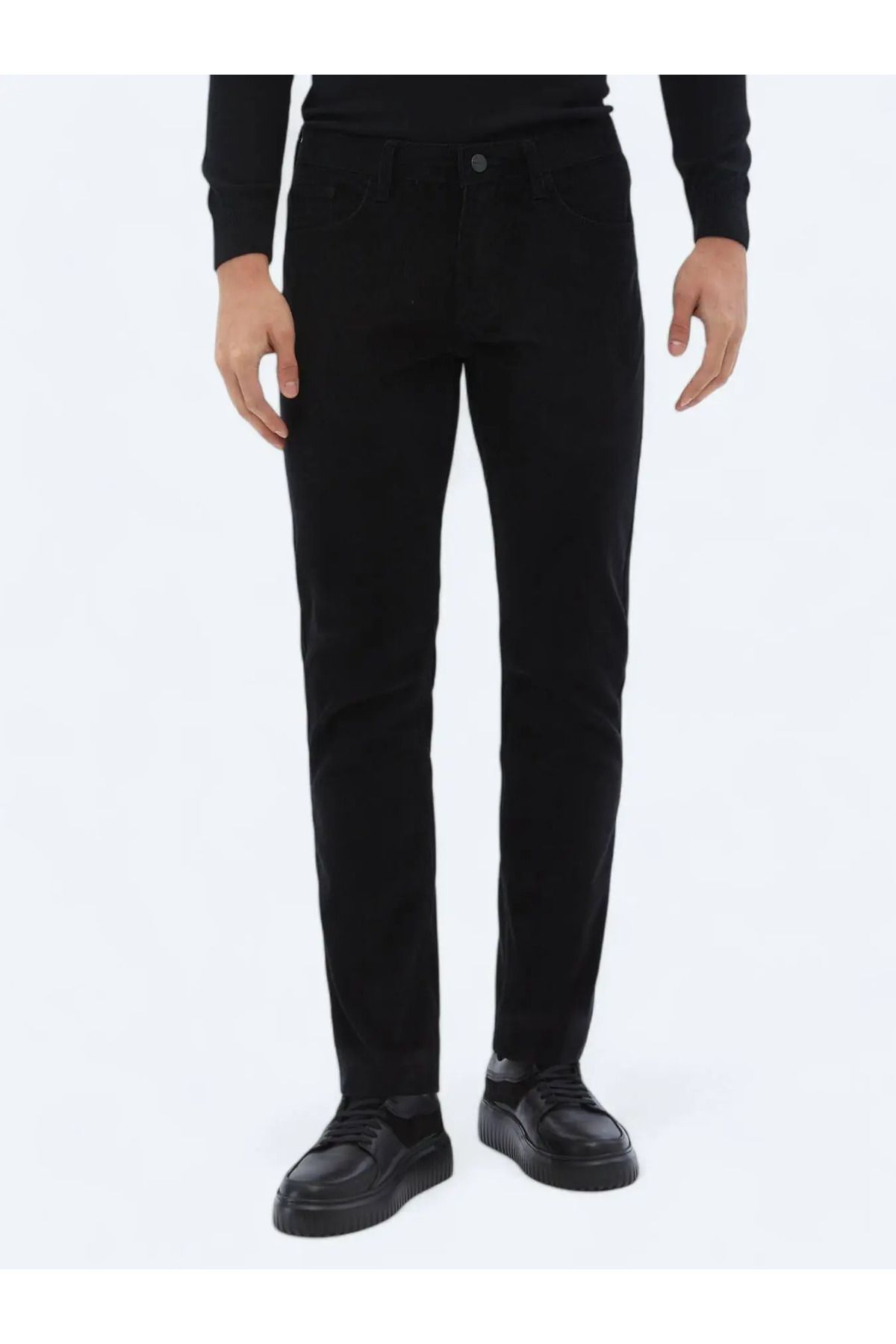 Kip-Μαύρο υφαντό Slim Fit Velvet Casual βαμβακερό παντελόνι 2