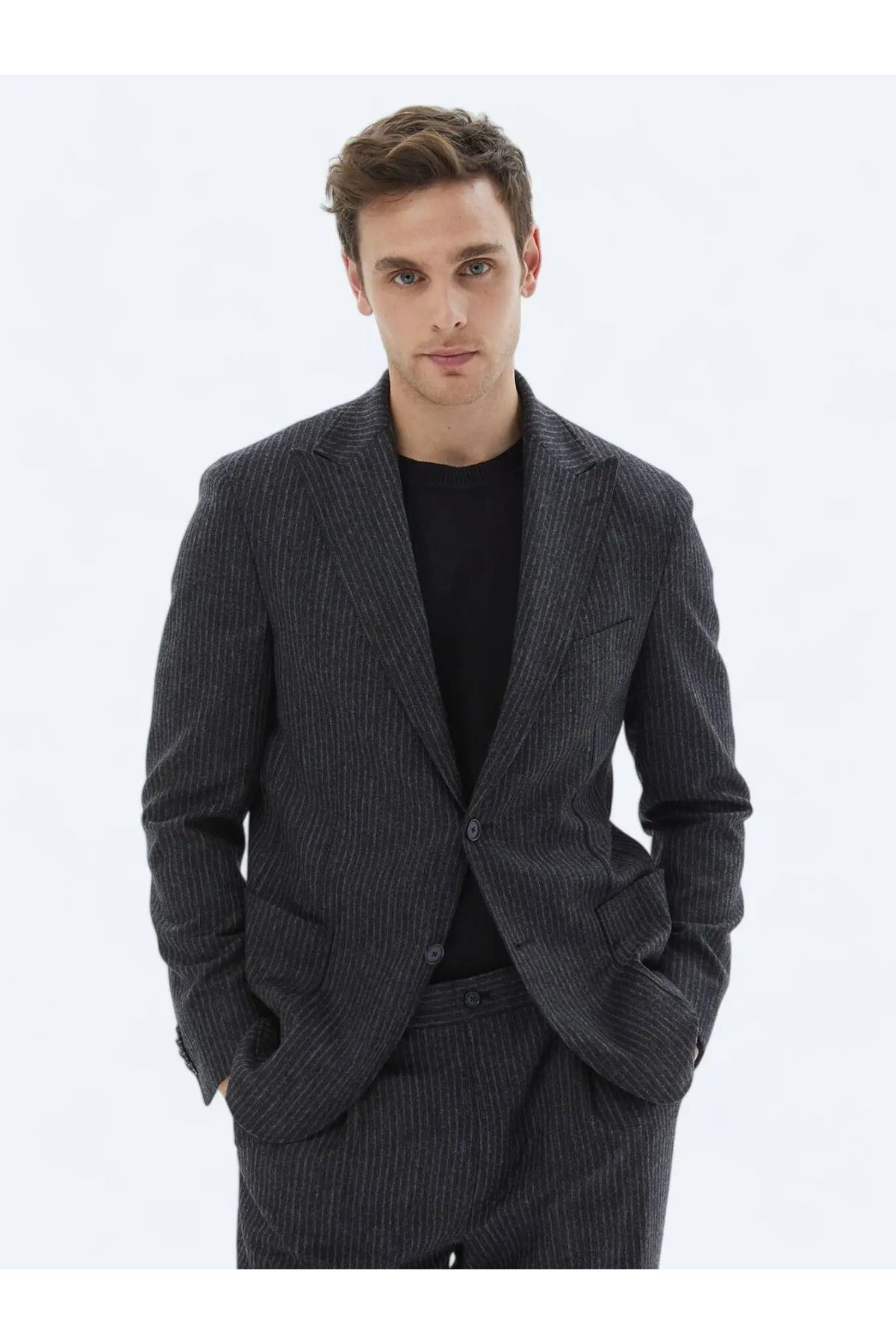 Kip-Anthracite Striped Modern Fit Wool Blended Suit 3