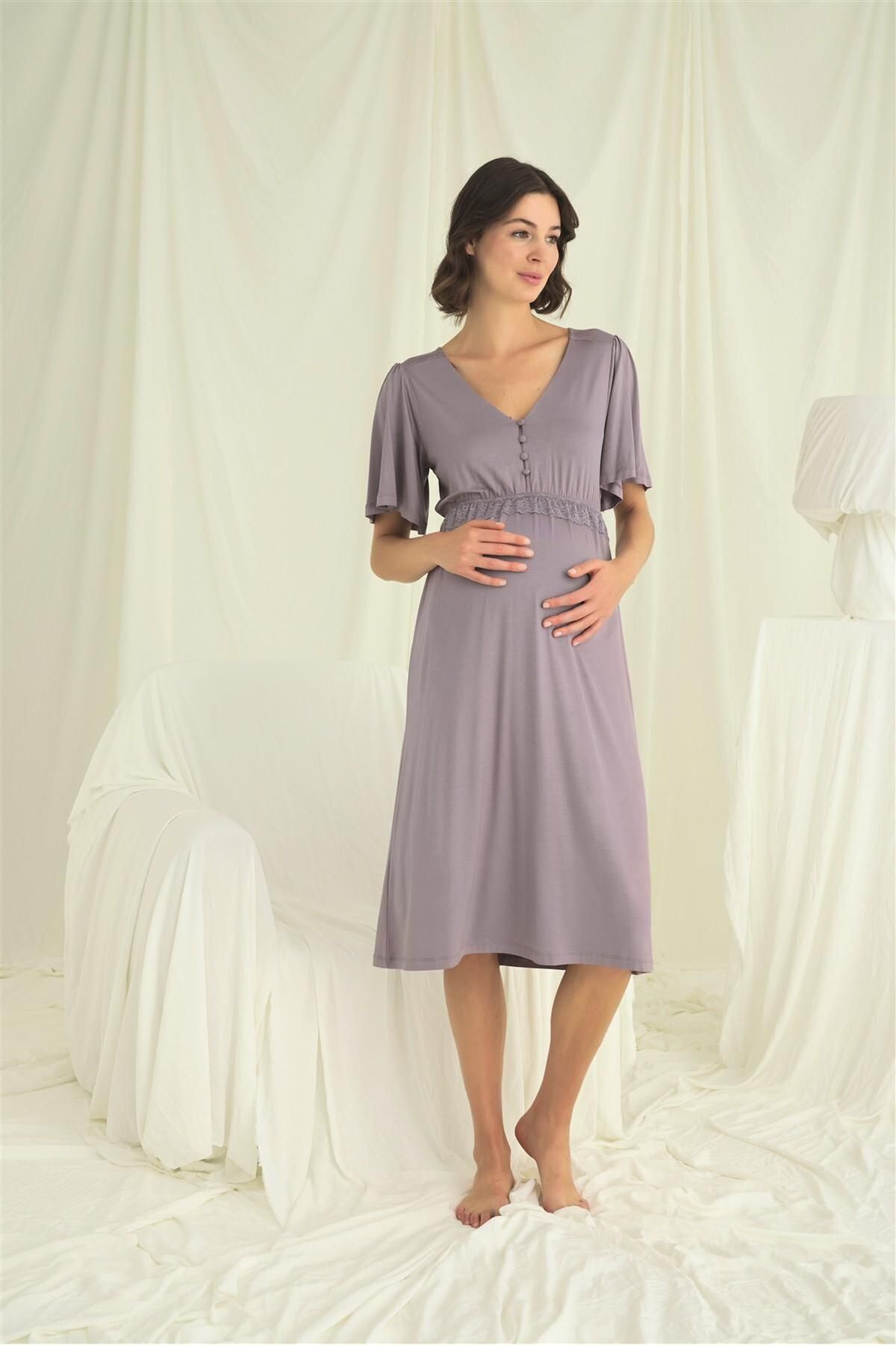 MONAMİSE-Lace Front Buttoned Maternity Nightgown 5