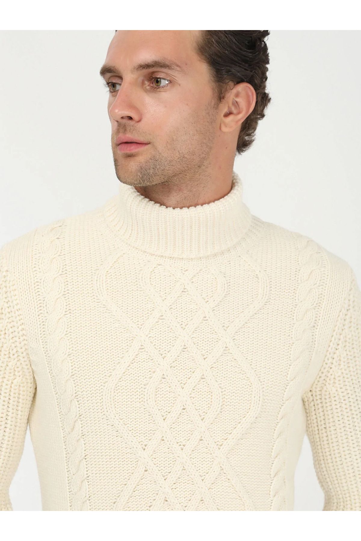 Kip-Ecru Full Turtleneck Patterned Wool Blended Sweater 5