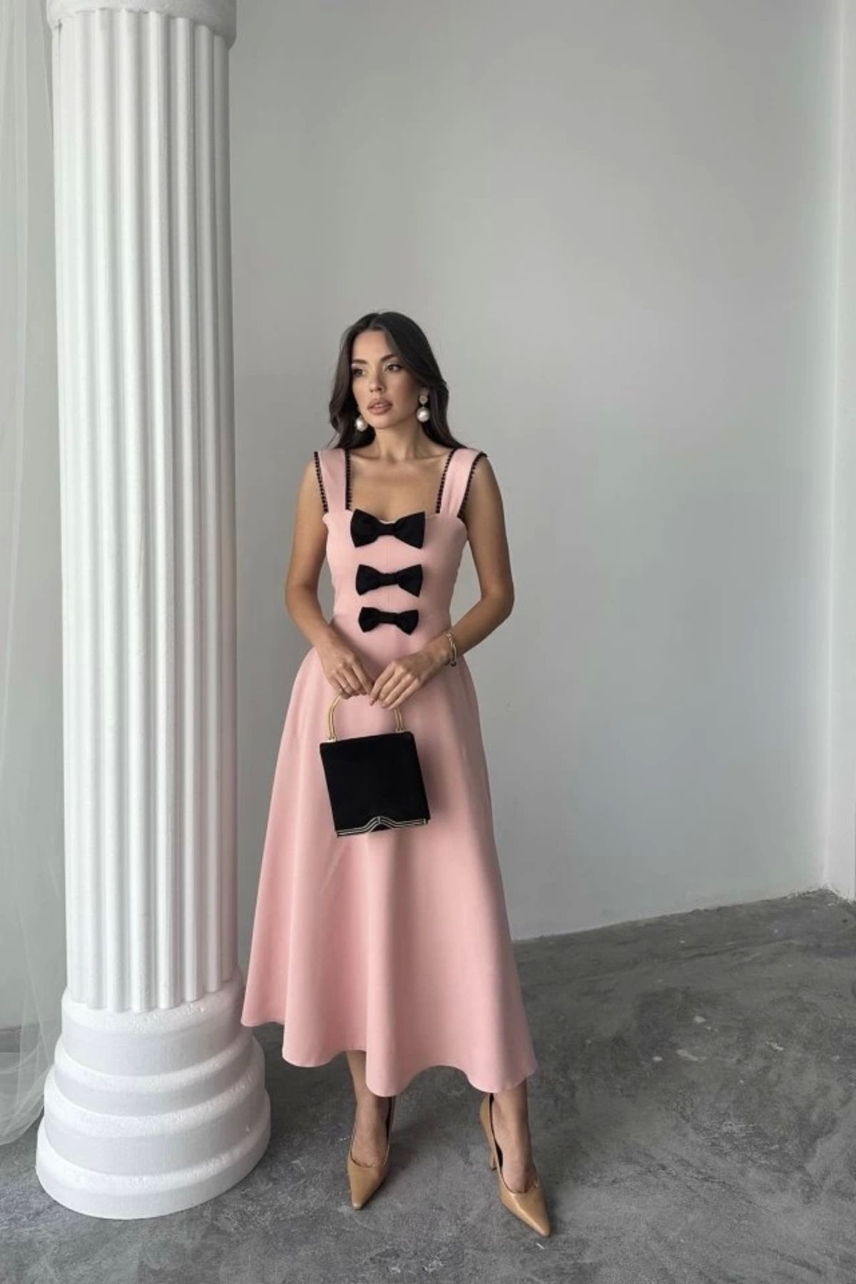 Butik Pudra Fiyonk Garnili Dantelli Elbise
