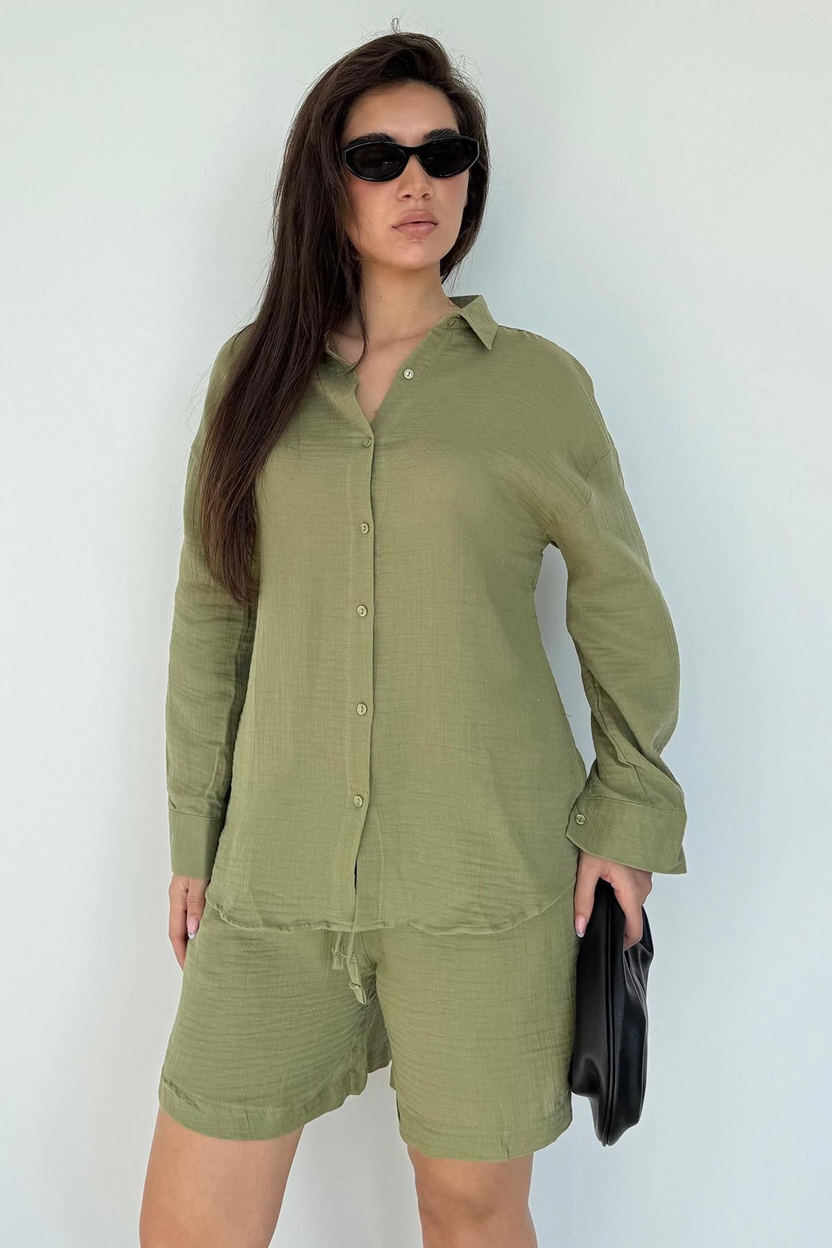 Seeh Haki Basic Müslin Şort Gömlek Takım Sh230