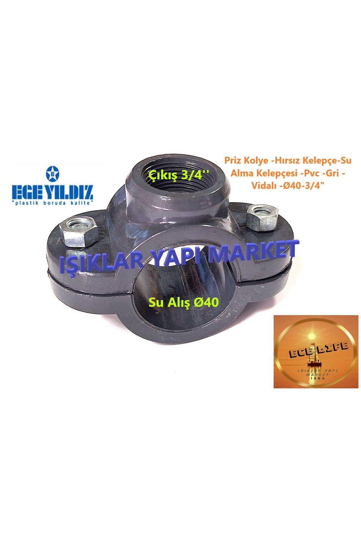 ece life Priz Kolye -Hırsız Kelepçe-Su Alma Kelepçesi -Pvc -Vidalı -Gri -Ø40-3/4"