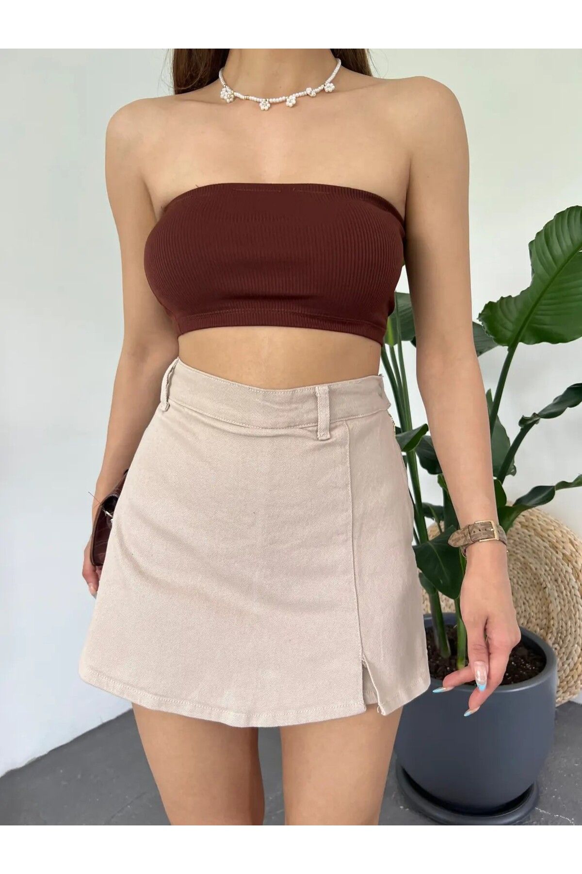 Pearl Life Kadfın Yırtmaç Detaylı Denim Şort Etek