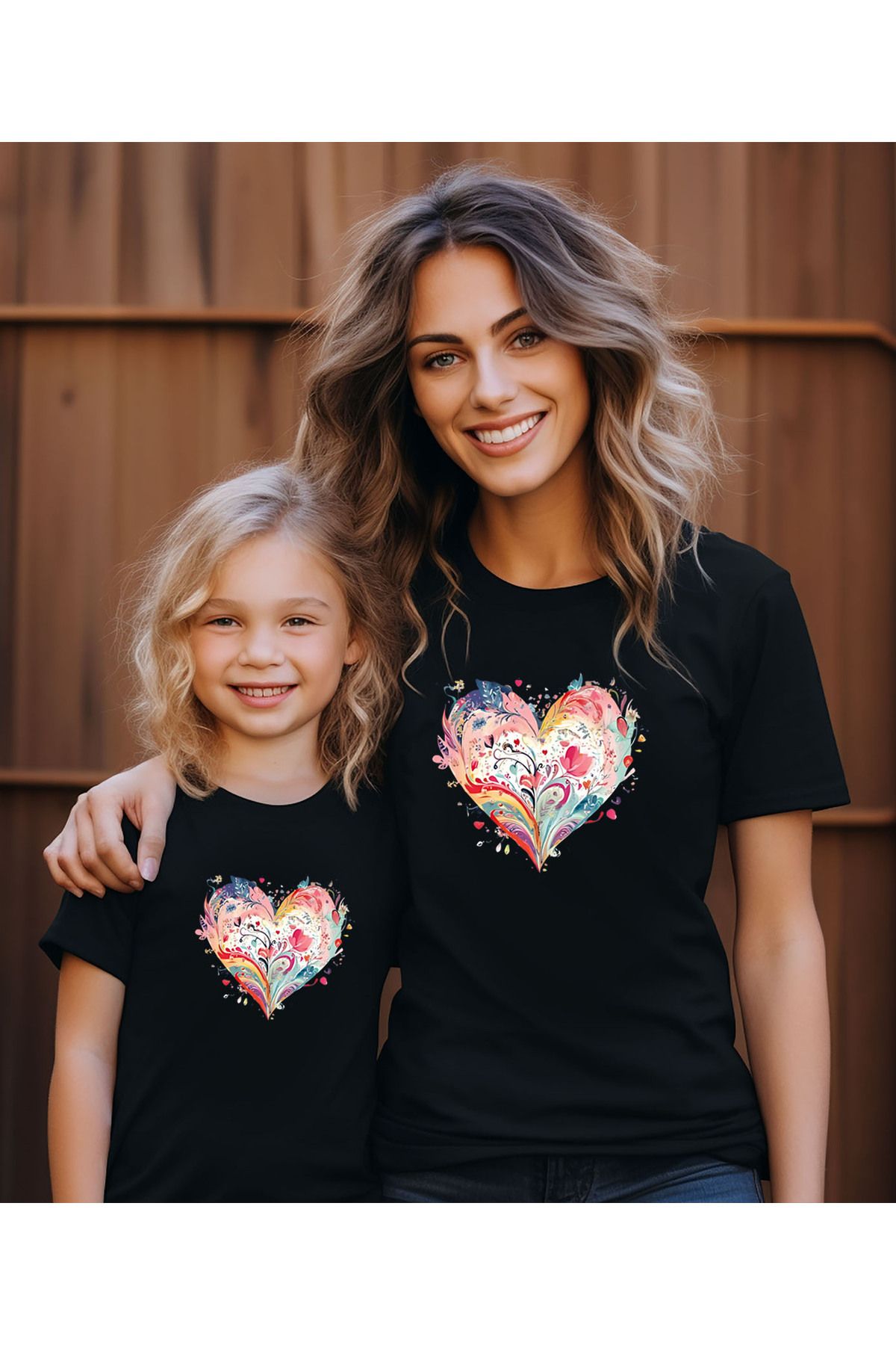 ASELİNDA Renkli Kalp Tasarım Anne Kız tişört-Tshirt (tekli üründür kombin için sepete 2 adet ekleyiniz)