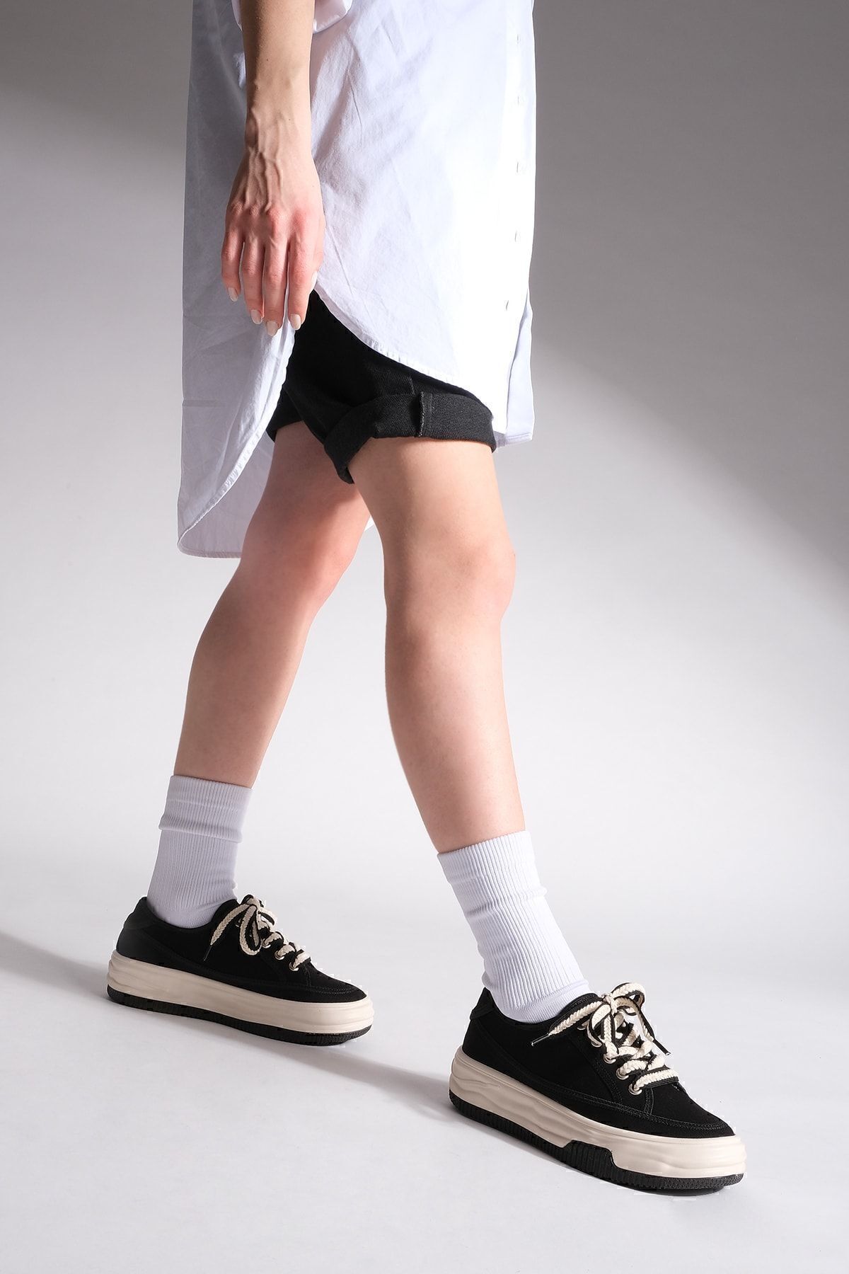 Marjin-Pantofi sport damă, cu talpă înaltă, cu șireturi, Kotnel, negru 6