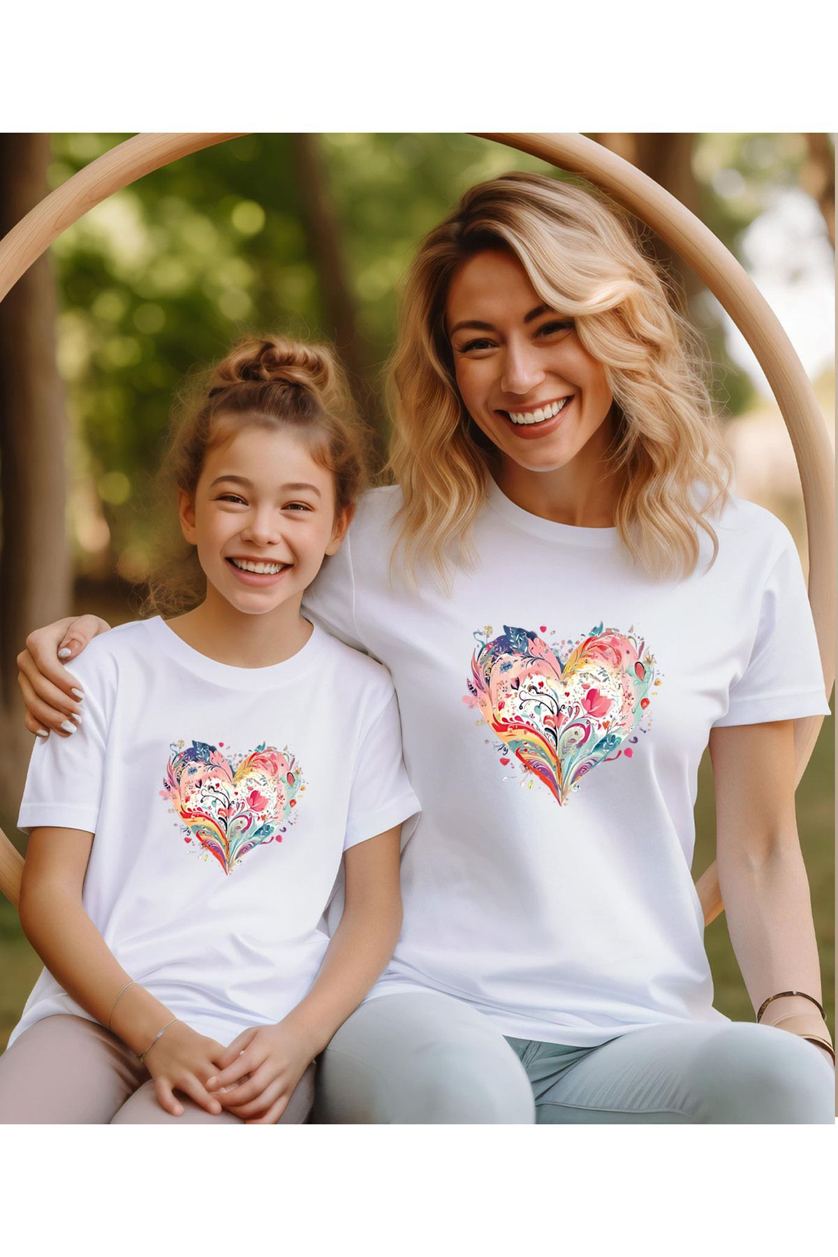 ASELİNDA Renkli Kalp Tasarım Anne Kız tişört-Tshirt (tekli üründür kombin için sepete 2 adet ekleyiniz)