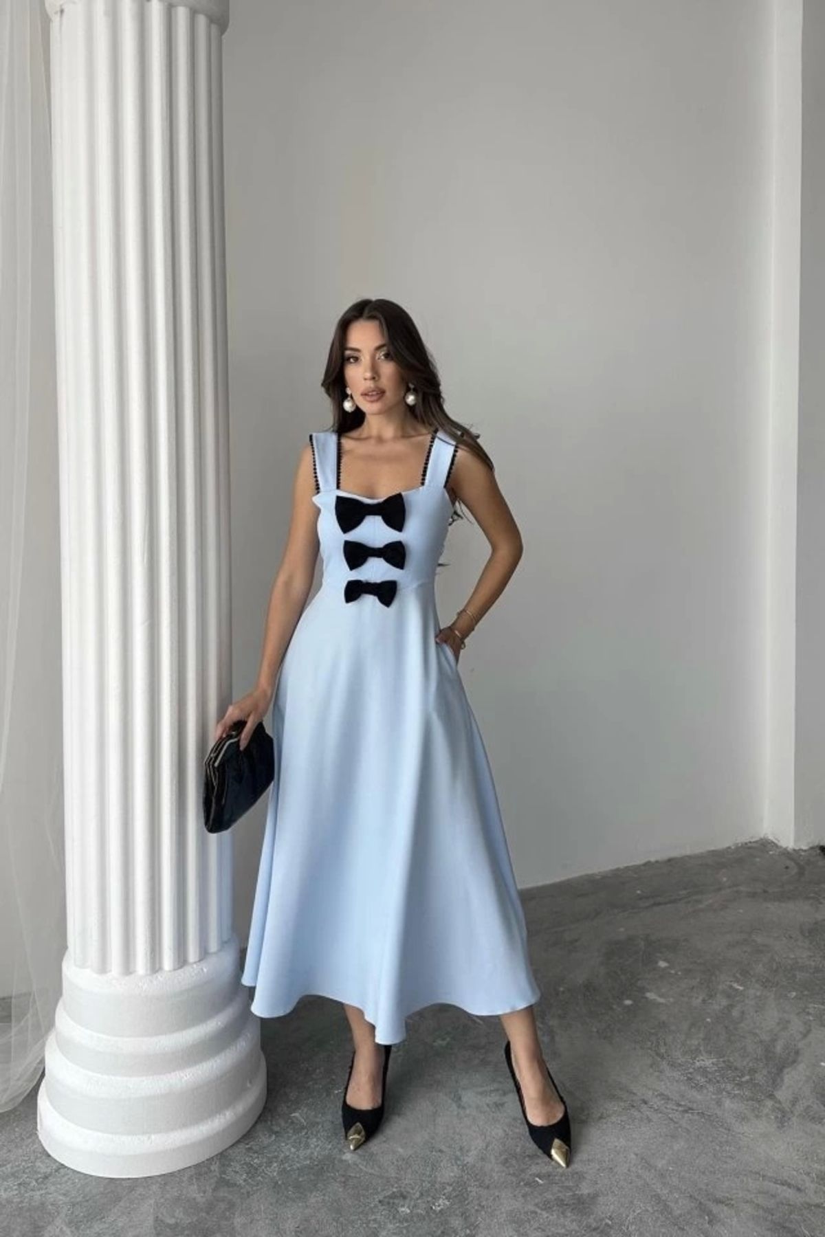 Butik Bebe Mavi Fiyonk Garnili Dantelli Elbise