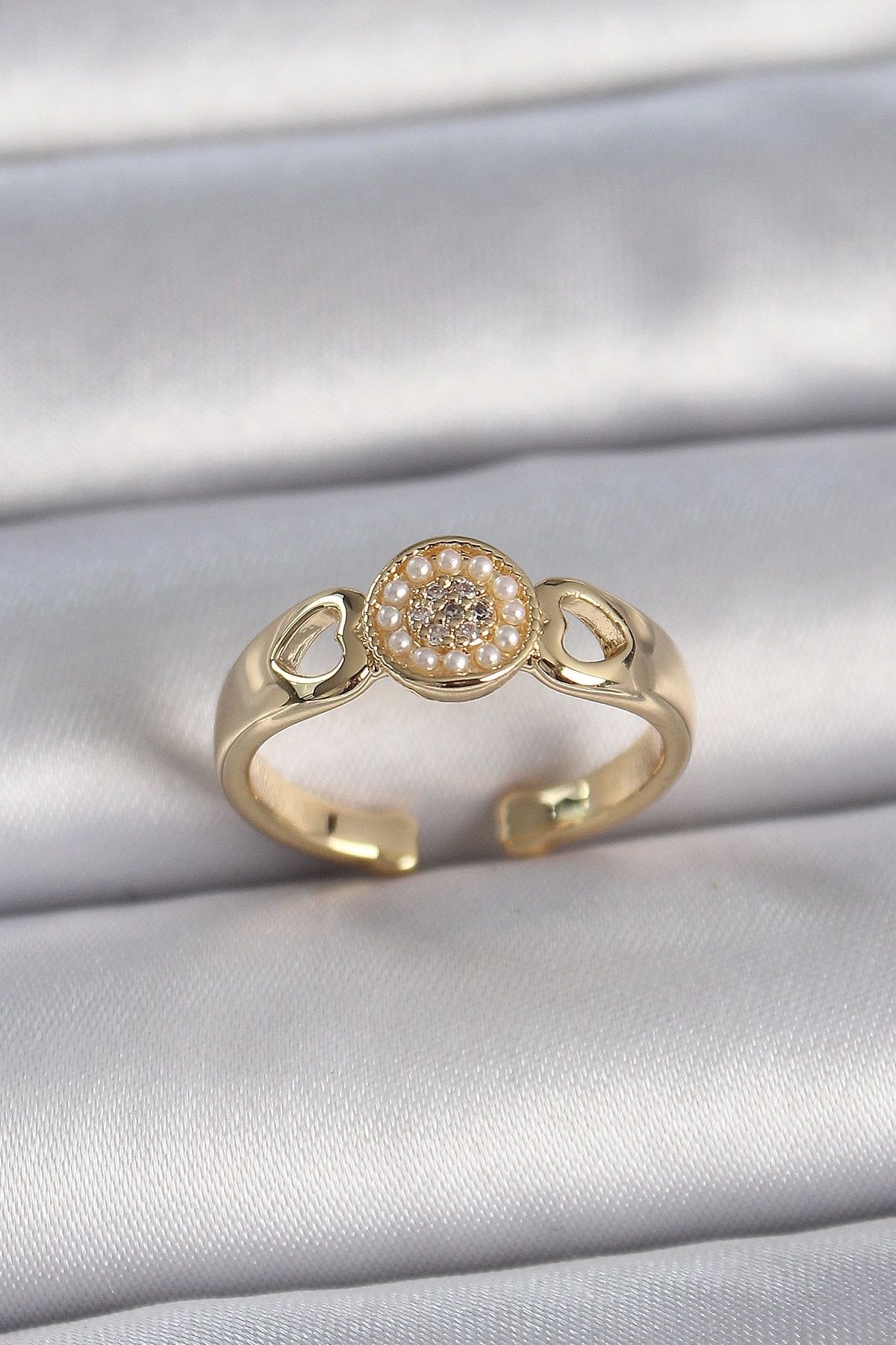luz&pos Pirinç Gold Renk Zirkon Taşlı İncili Kalp İşleme Detay Ayarlanabilir Kadın Yüzük