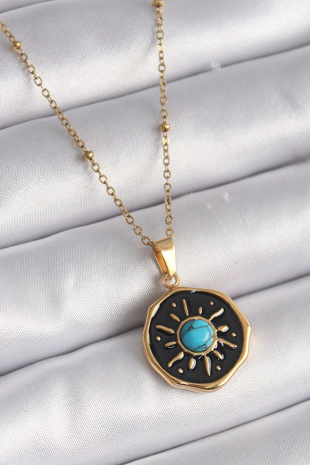 luz&pos 316L Çelik Gold Renk Mavi Boncuk Güneş İşleme Madalyon Model Kadın Kolye