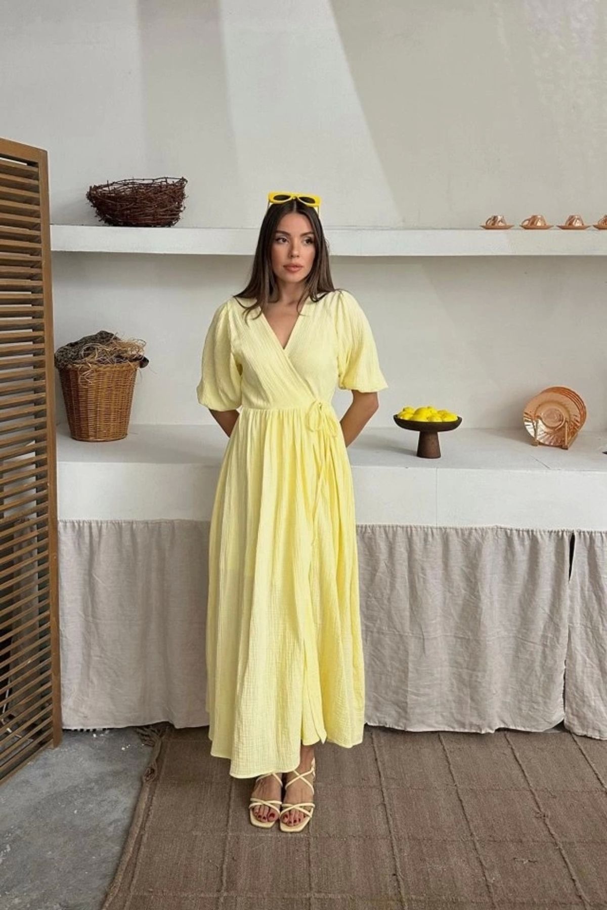 Butik Sarı Müslin Uzun Elbise