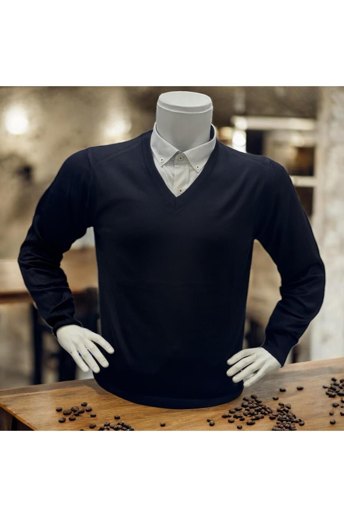 EREN STYLE Uzun Kollu Lacivert V Yaka Süveter