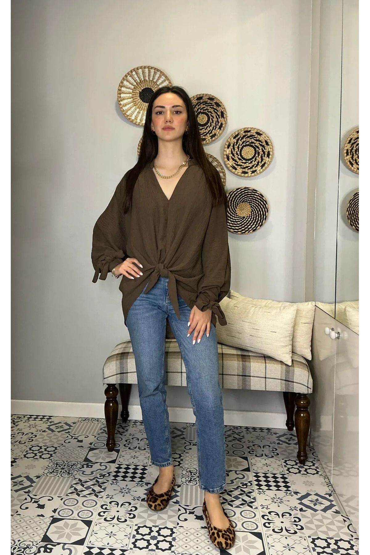 saze butik bağcıklı keten gömlek