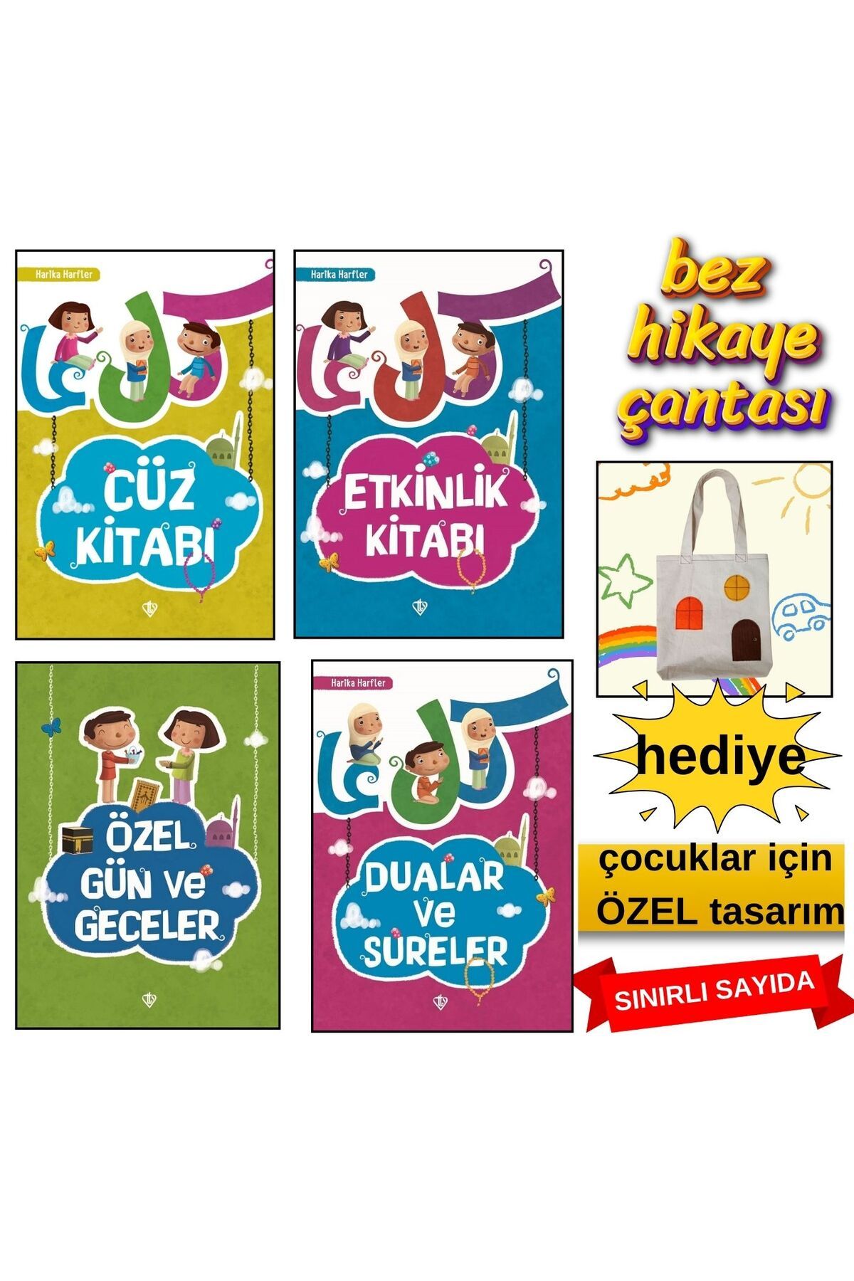 Diyanet İşleri Başkanlığı Harika Harfler 4 Kitap Seti + Bez Hikaye Çantası Hediyeli | Cüz, Dua, Etkinlik, Özel Günler