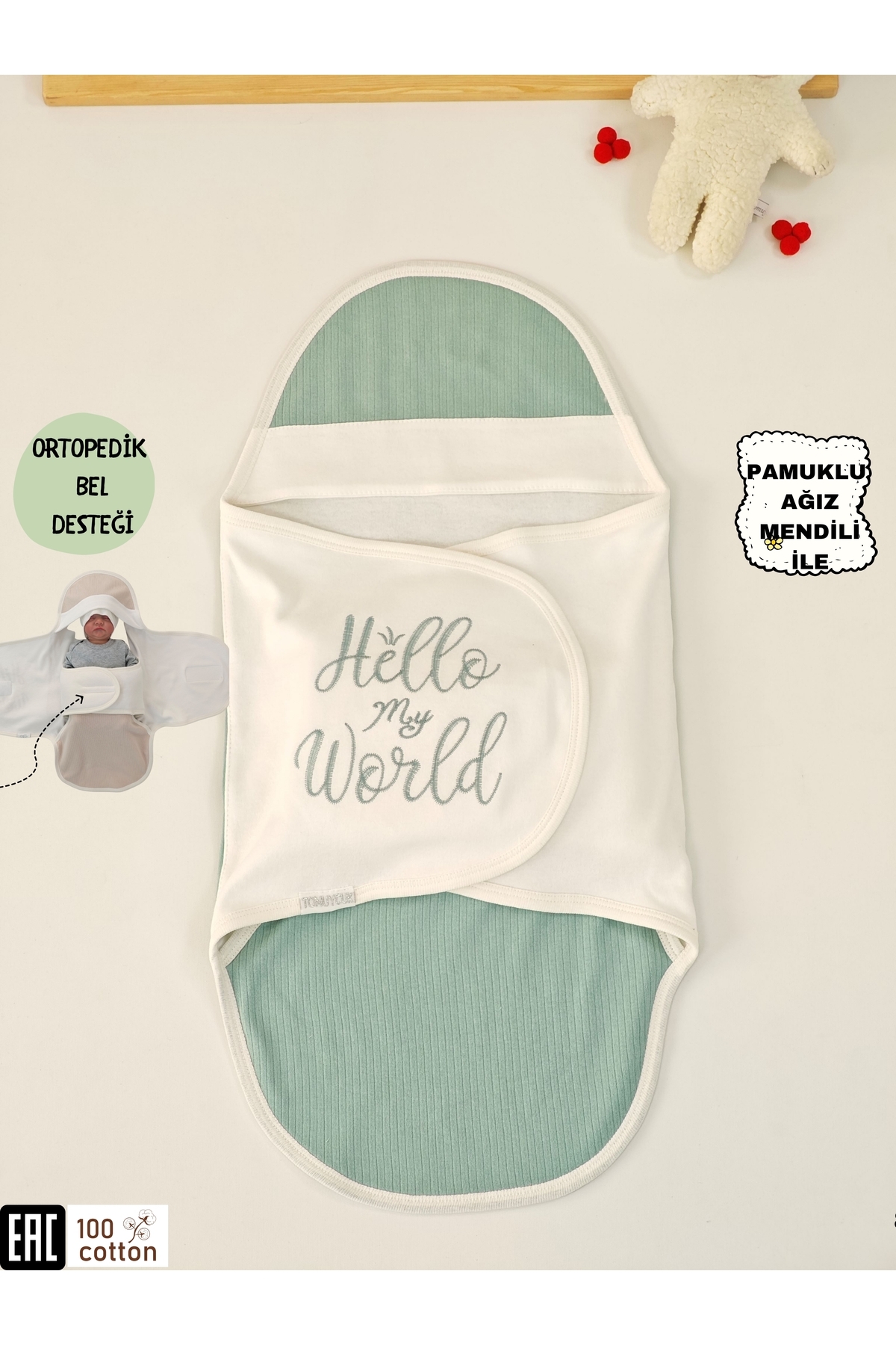 Tomuycuk Yeşil %100 Pamuklu Bebek Kundak Battaniyesi | Uyku Tulumu – Kız/Erkek 0-9 Ay | Ortopedik fotoğrafı 2 (önizleme)