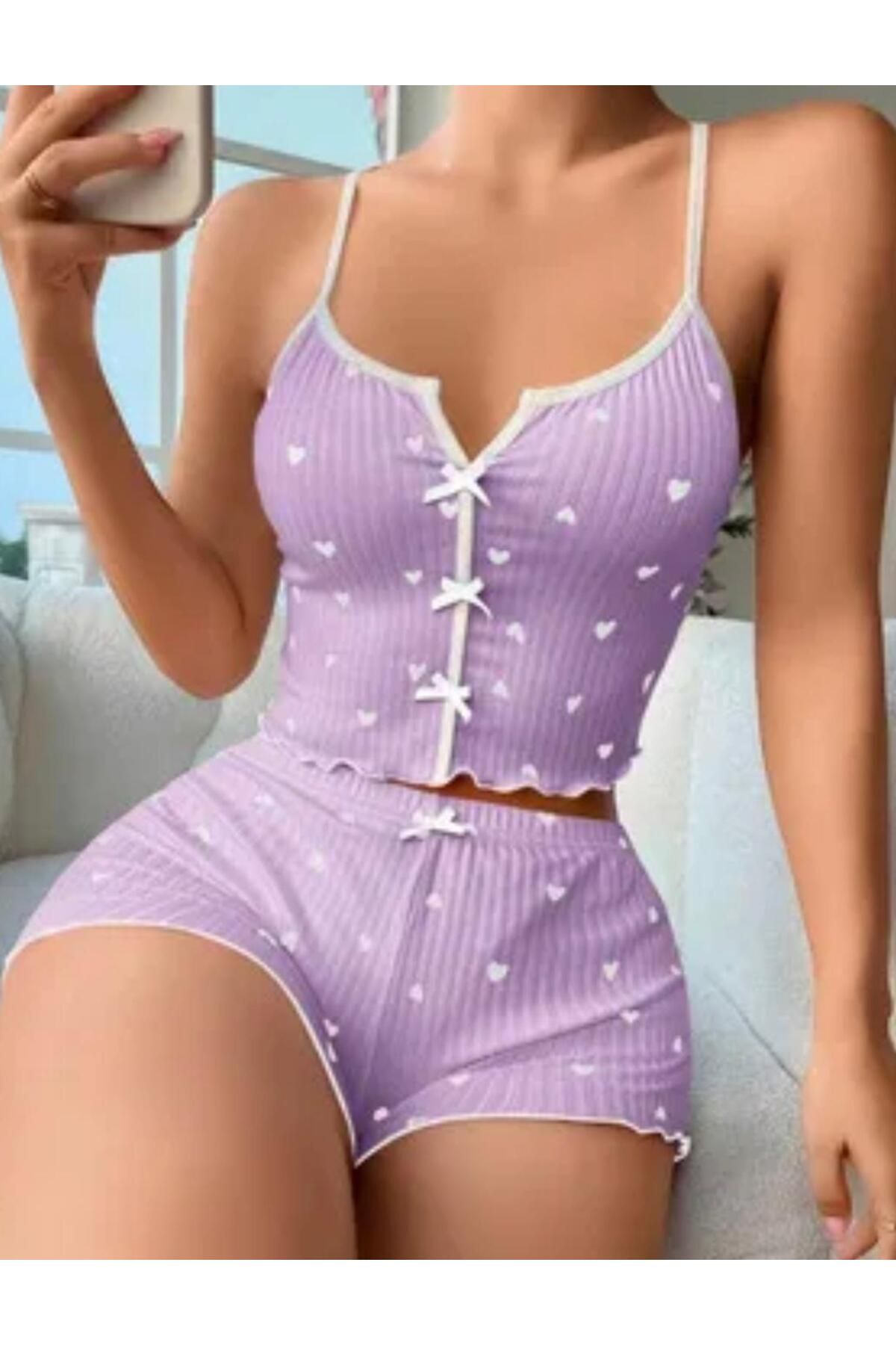 H&S STORE desenli örme şortlu takım lila renkli kurdale detaylı kalp desenli