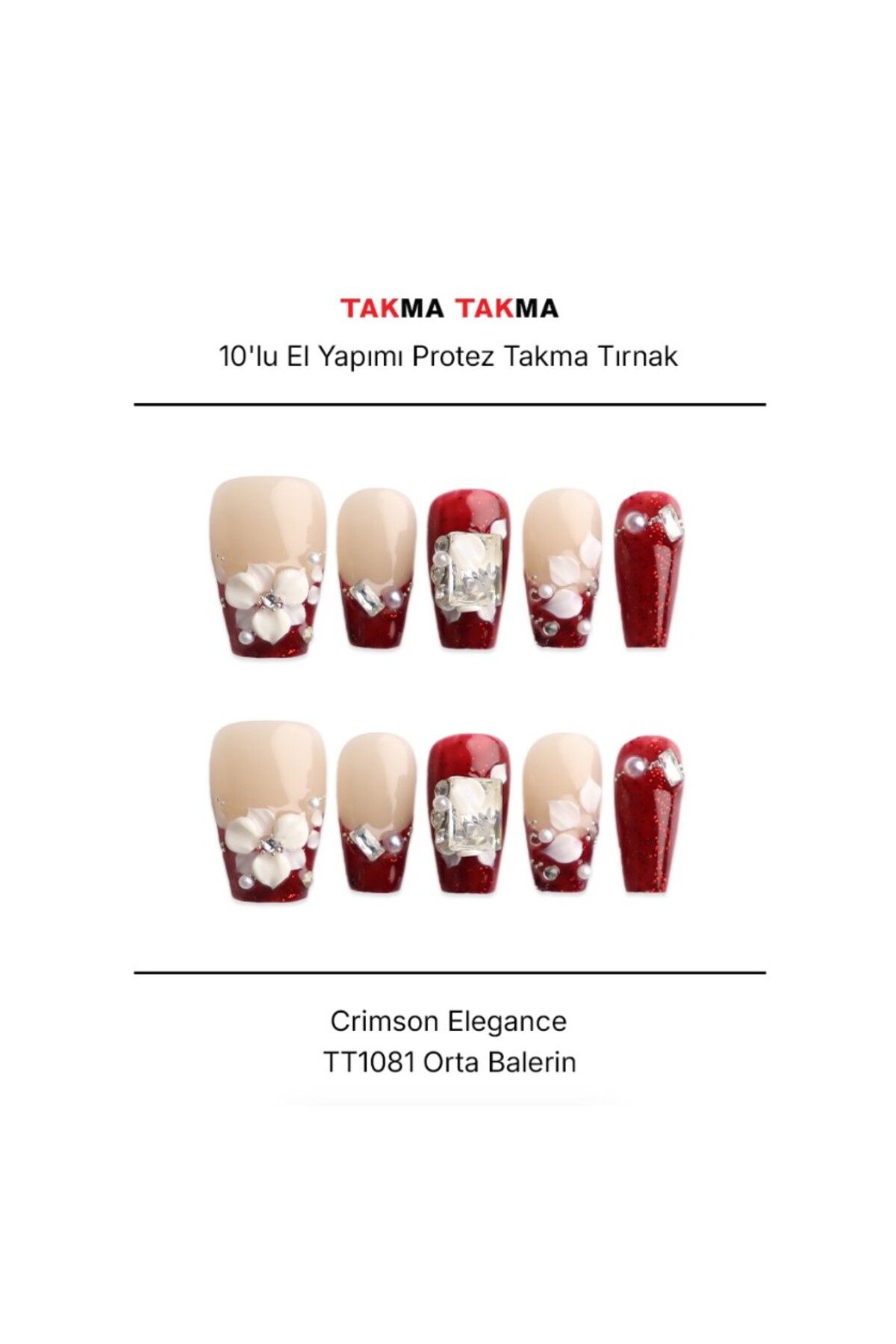 Takma Takma Tekrar Kullanılabilir El Yapımı Protez Takma Tırnak Crimson Elegance - 10'lu - TT1081 M-Kırmızı