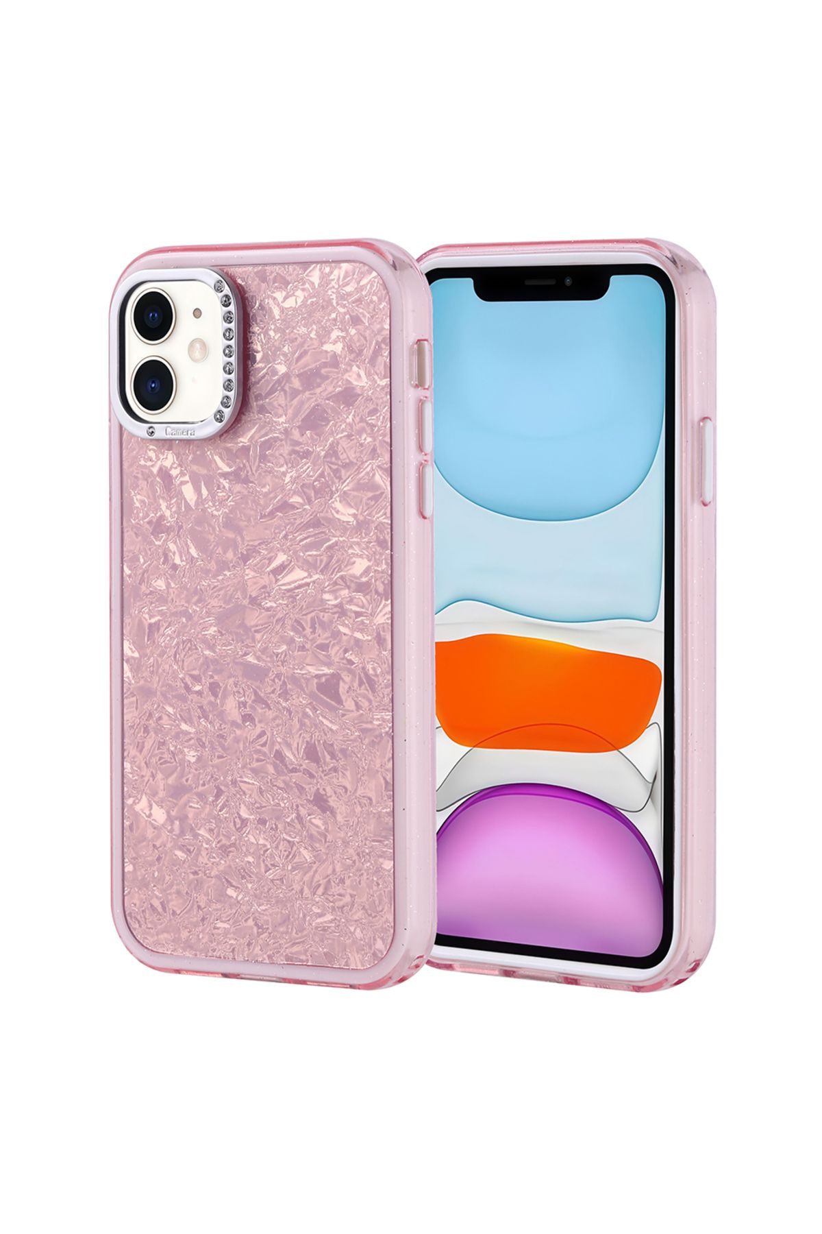Strap U Apple iPhone 11 Kırık Cam Efektli Işıltılı Kılıf Kamera Koruması Taşlı Tasarım Kapi Kapak