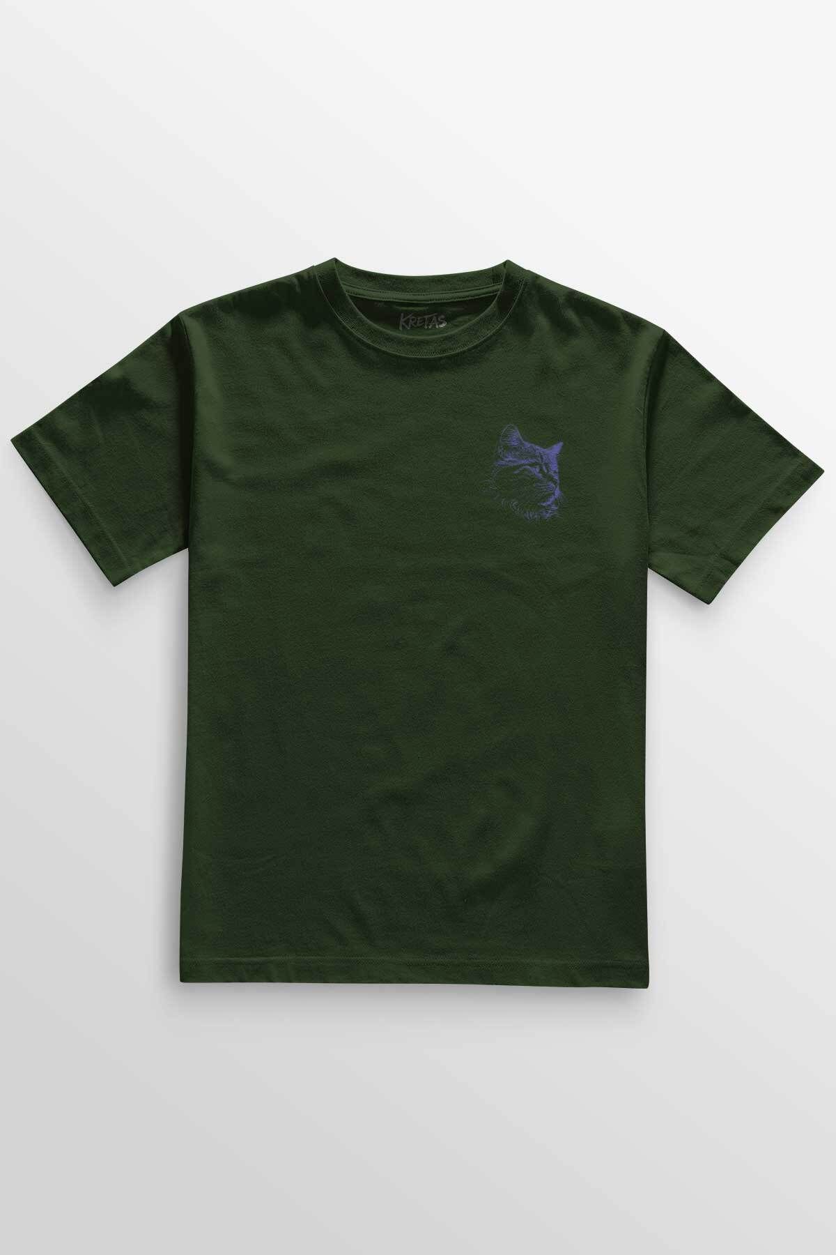 Kretas Unisex Haki T-shirt Sevimli Kedi Black Cat Minimal Ön Baskılı Tişört