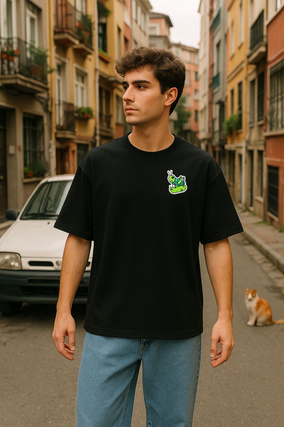 wolka Minimal Çekirge Baskılı Unisex %100 Pamuk Oversize Bisiklet Yaka Siyah T-shirt