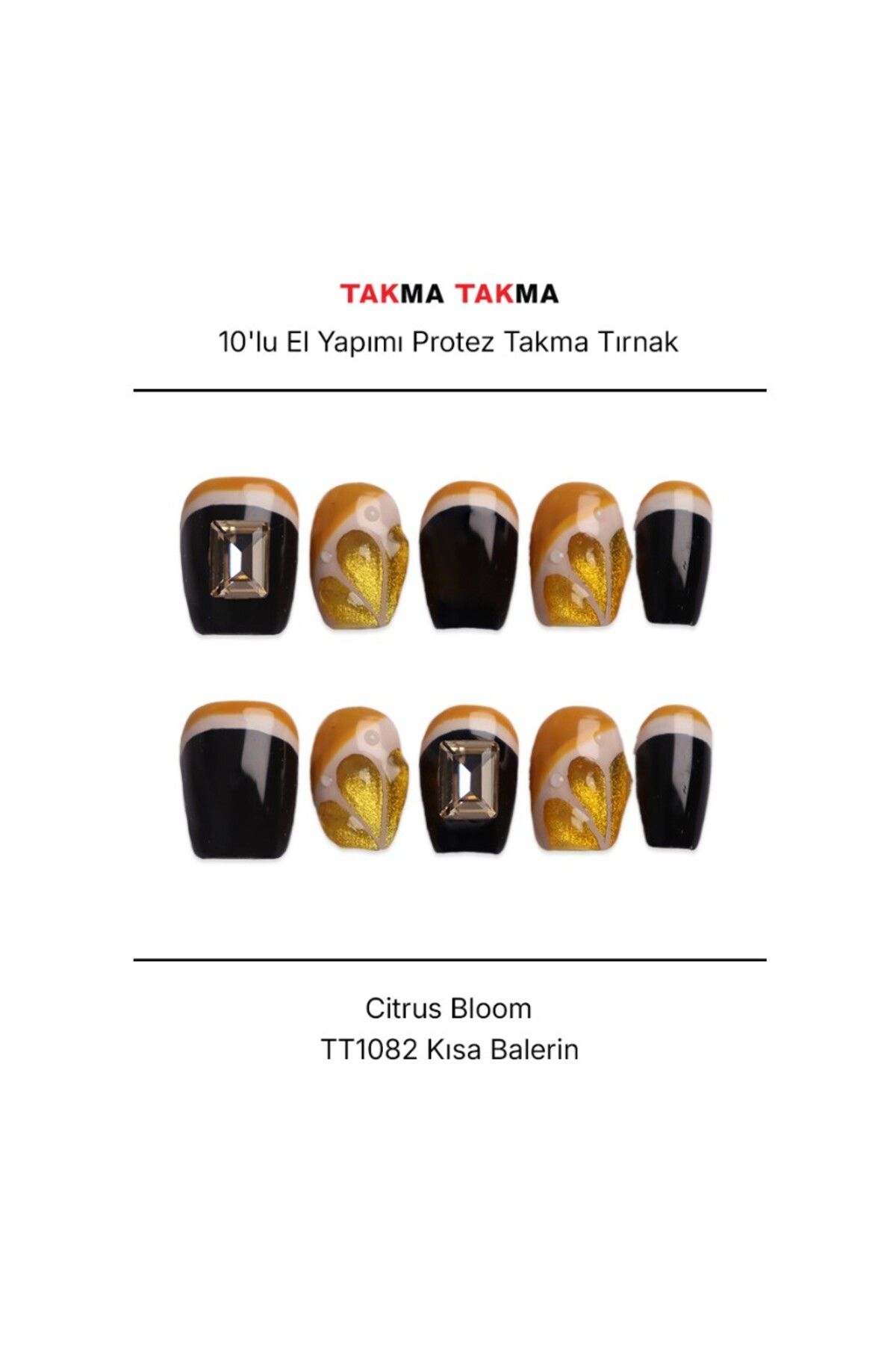 Takma Takma Tekrar Kullanılabilir El Yapımı Protez Takma Tırnak Citrus Bloom - 10'lu - TT1082 L-Sarı