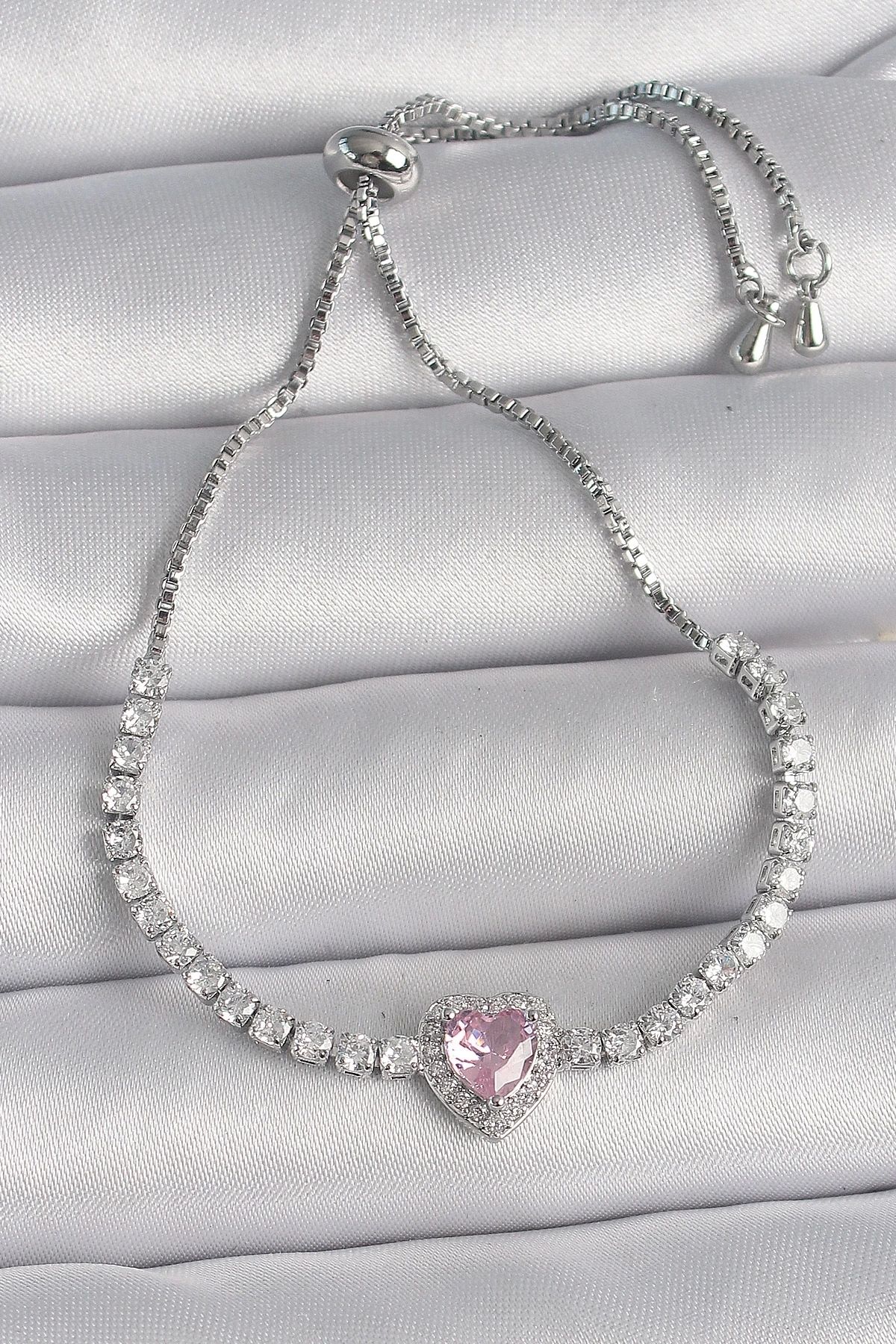 luz&pos Pirinç Gold Renk Su Yolu Zirkon Taşlı Pembe Zirkon Taşlı Kalp Asansör Model Charm Kadın Bileklik