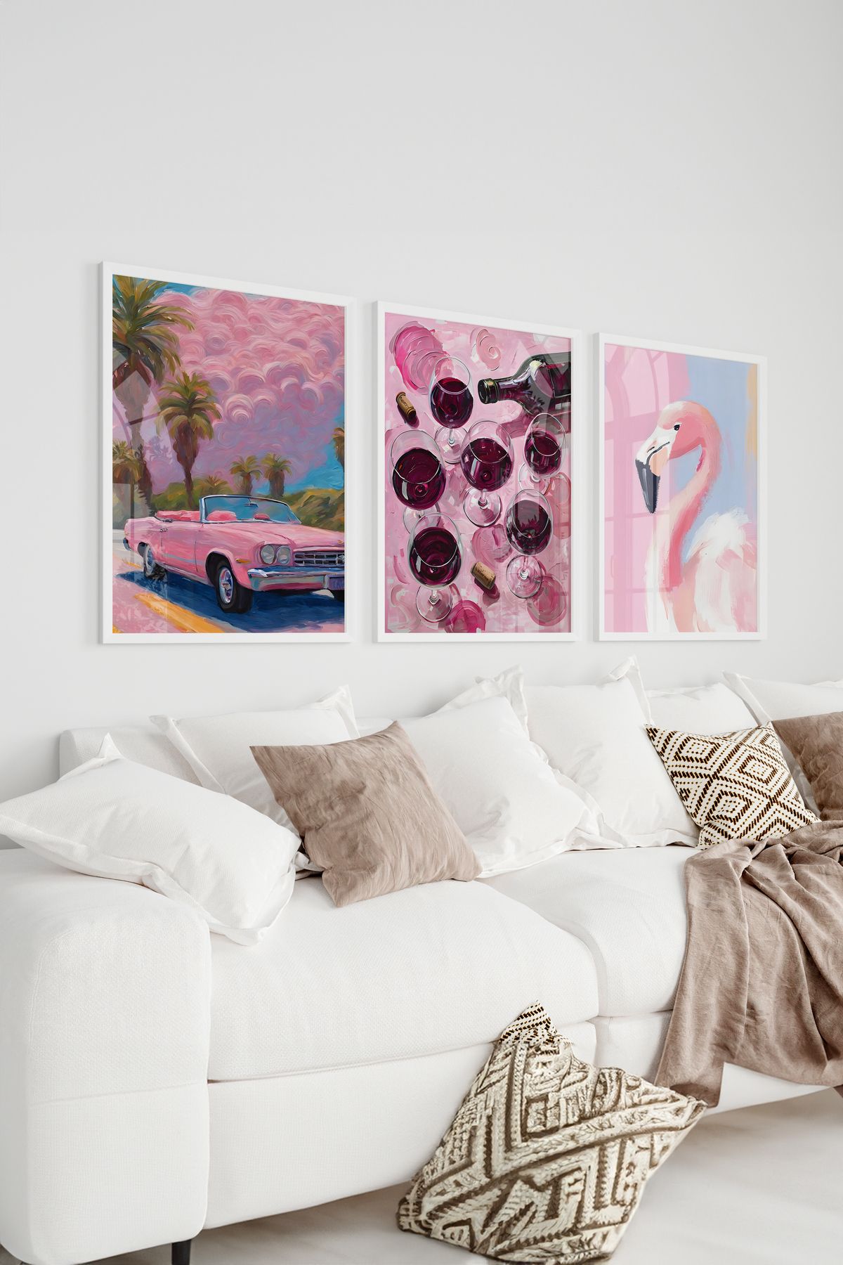 Home 3'lü Pembe Estetik Miami Seti, Genç Odası Dekoru, Oturma Odası Dekoru, Salon Dekoru, Çerçevesizdir