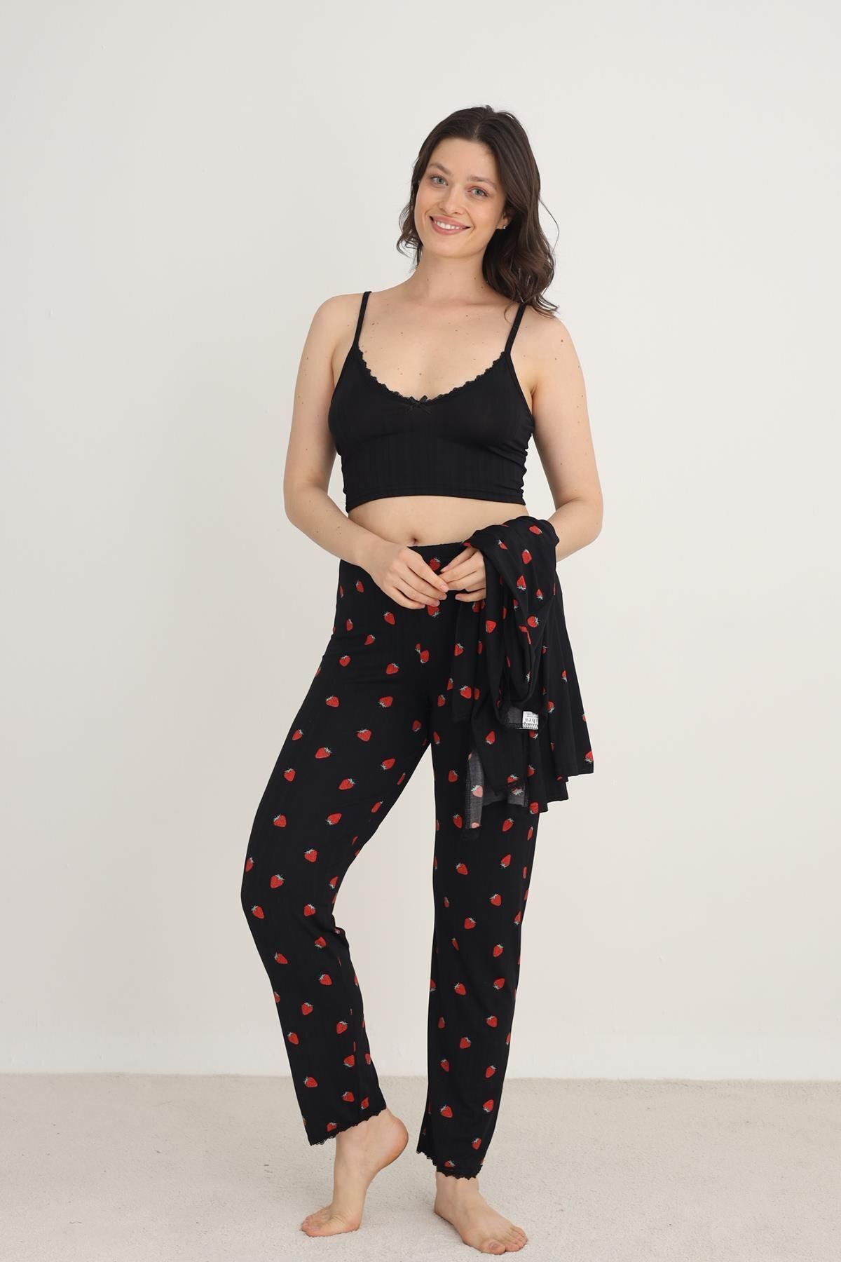 Kompedan Kadın Çilek Desenli İp Askılı Sabahlıklı 3'lü Pijama Takım | Siyah 80710-889