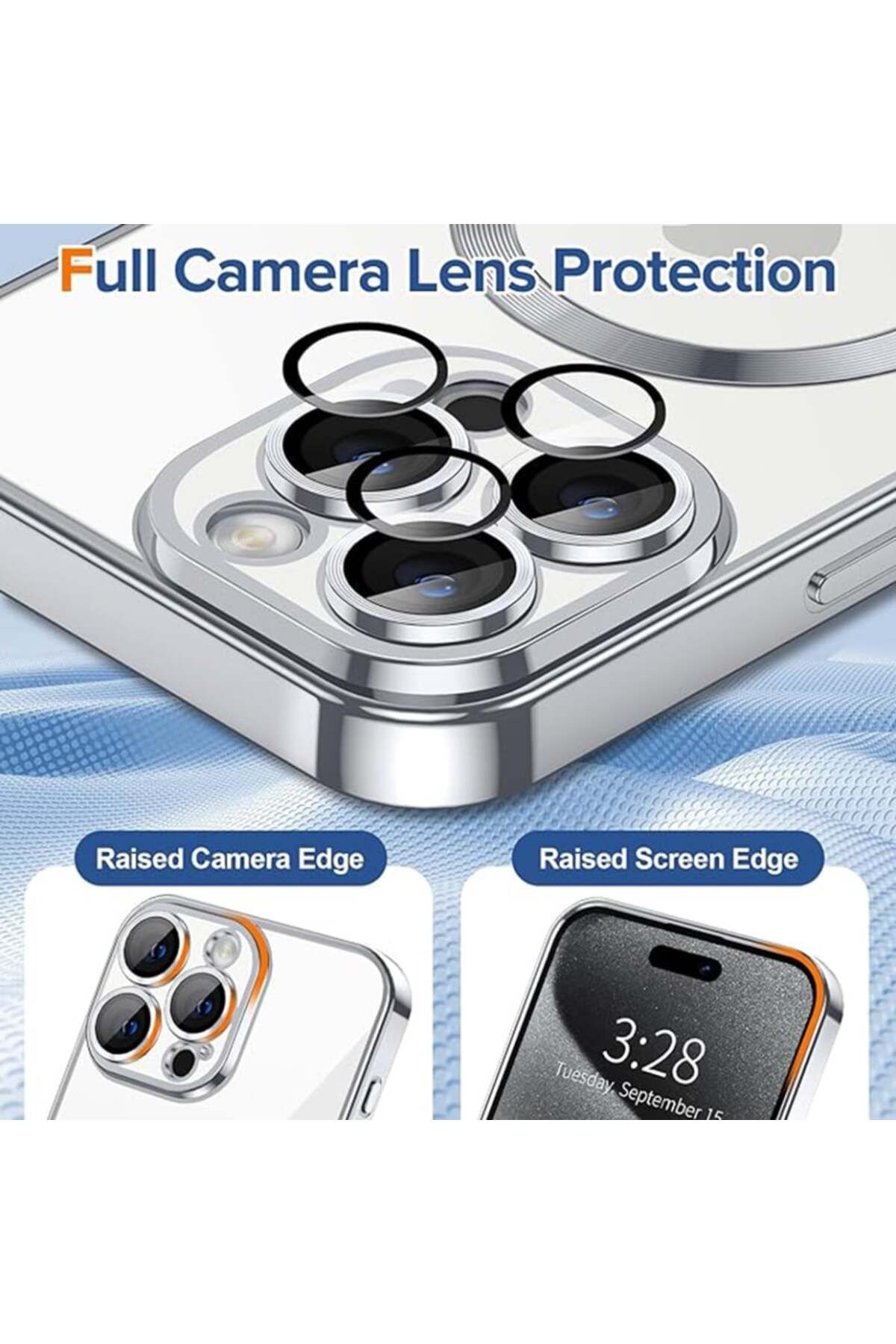 SKYDDAR INNOVATION-Husă pentru iPhone 15 Pro Max, Luxury Shield Magsafe, protecție antișoc, argintie, set autocolante 4