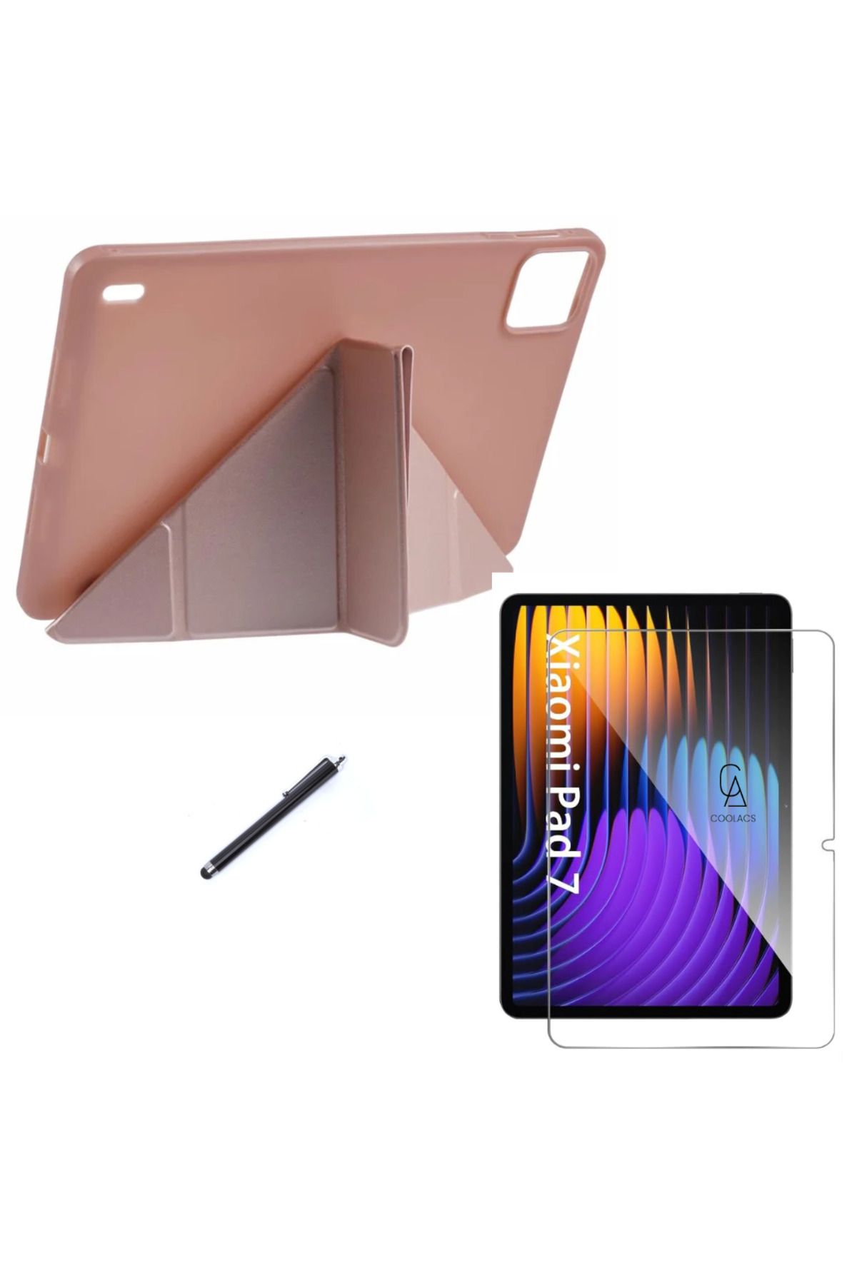 Coolacs Xiaomi Pad 7 11.2 inç Uyumlu Tri Fold Kalemlikli Tablet Kılıfı Ekran Koruyucu Kalem Seti