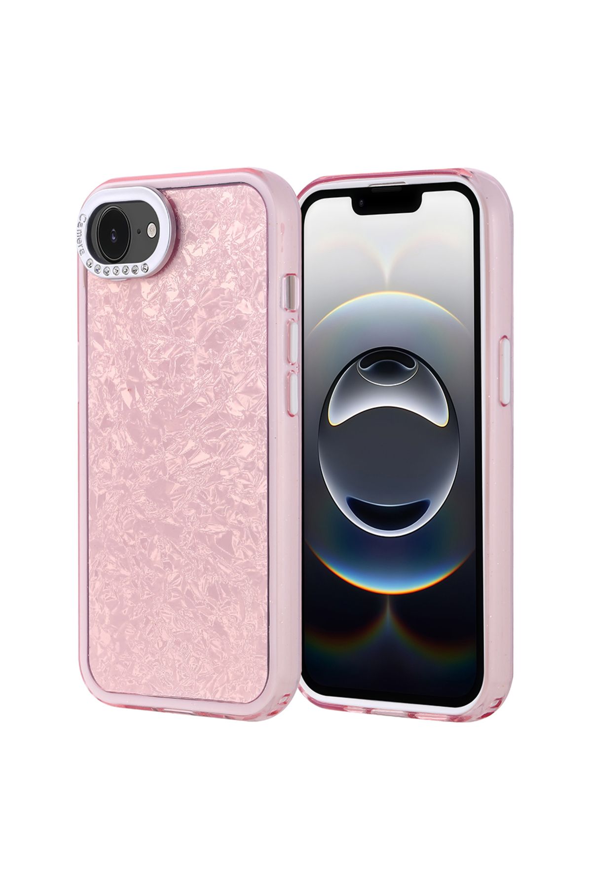 Strap U Apple iPhone 16E Kırık Cam Efektli Işıltılı Kılıf Kamera Koruması Taşlı Tasarım Kapi Kapak