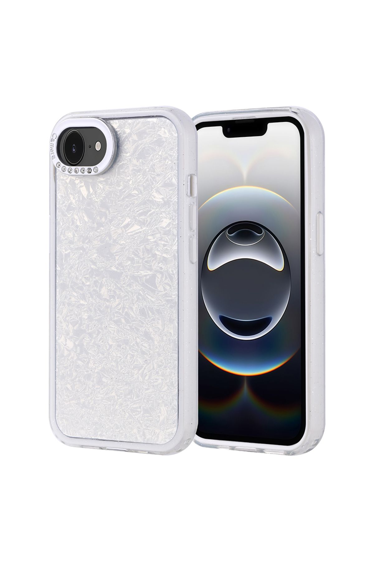 Strap U Apple iPhone 16E Kırık Cam Efektli Işıltılı Kılıf Kamera Koruması Taşlı Tasarım Kapi Kapak