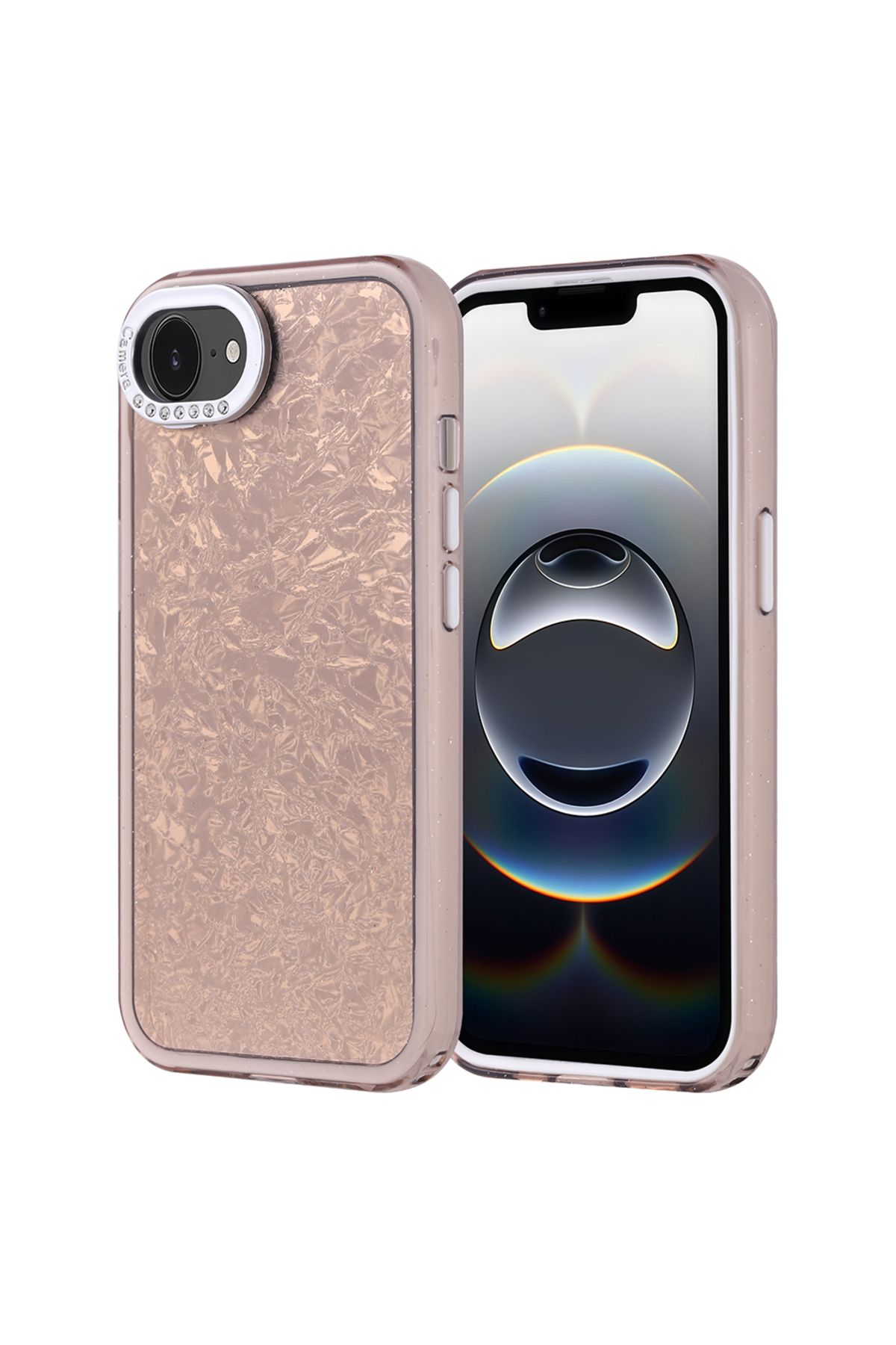 Strap U Apple iPhone 16E Kırık Cam Efektli Işıltılı Kılıf Kamera Koruması Taşlı Tasarım Kapi Kapak