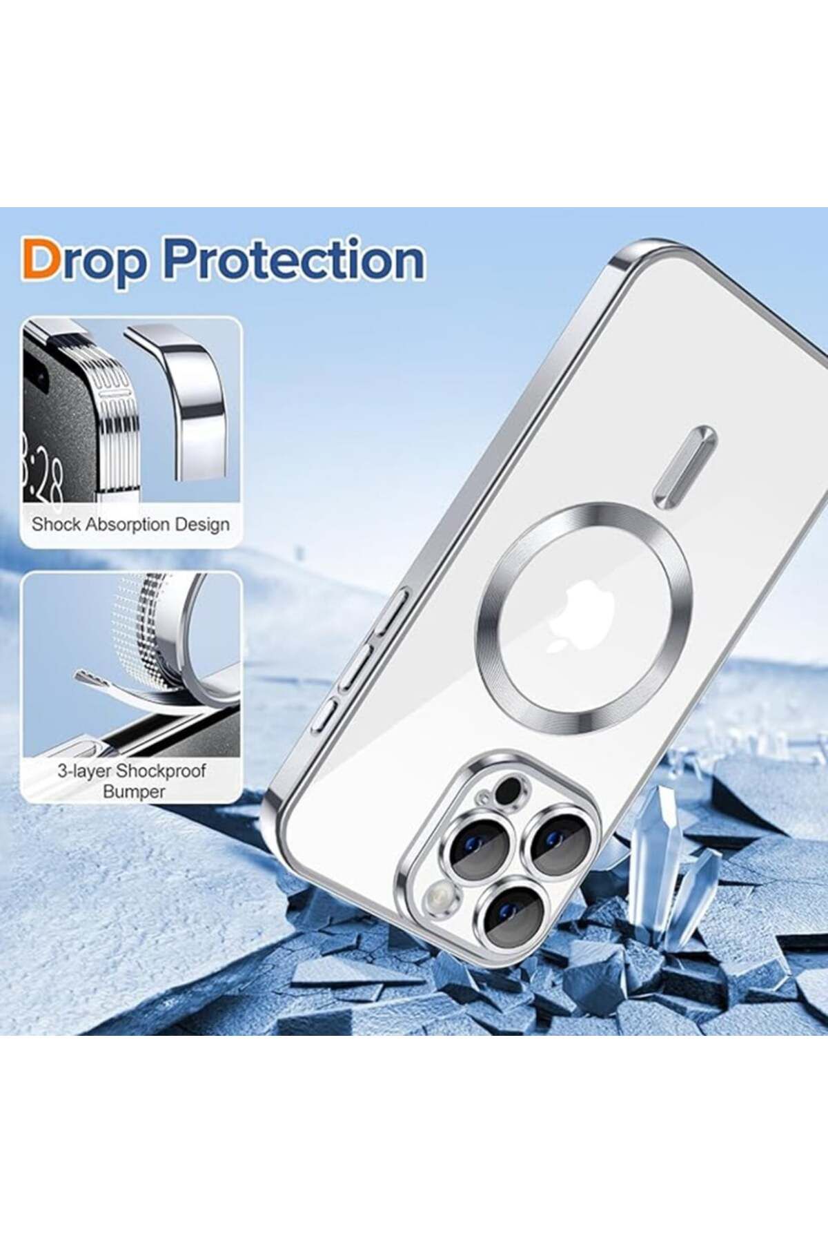 SKYDDAR INNOVATION-Husă pentru iPhone 15 Pro Max, Luxury Shield Magsafe, protecție antișoc, argintie, set autocolante 3