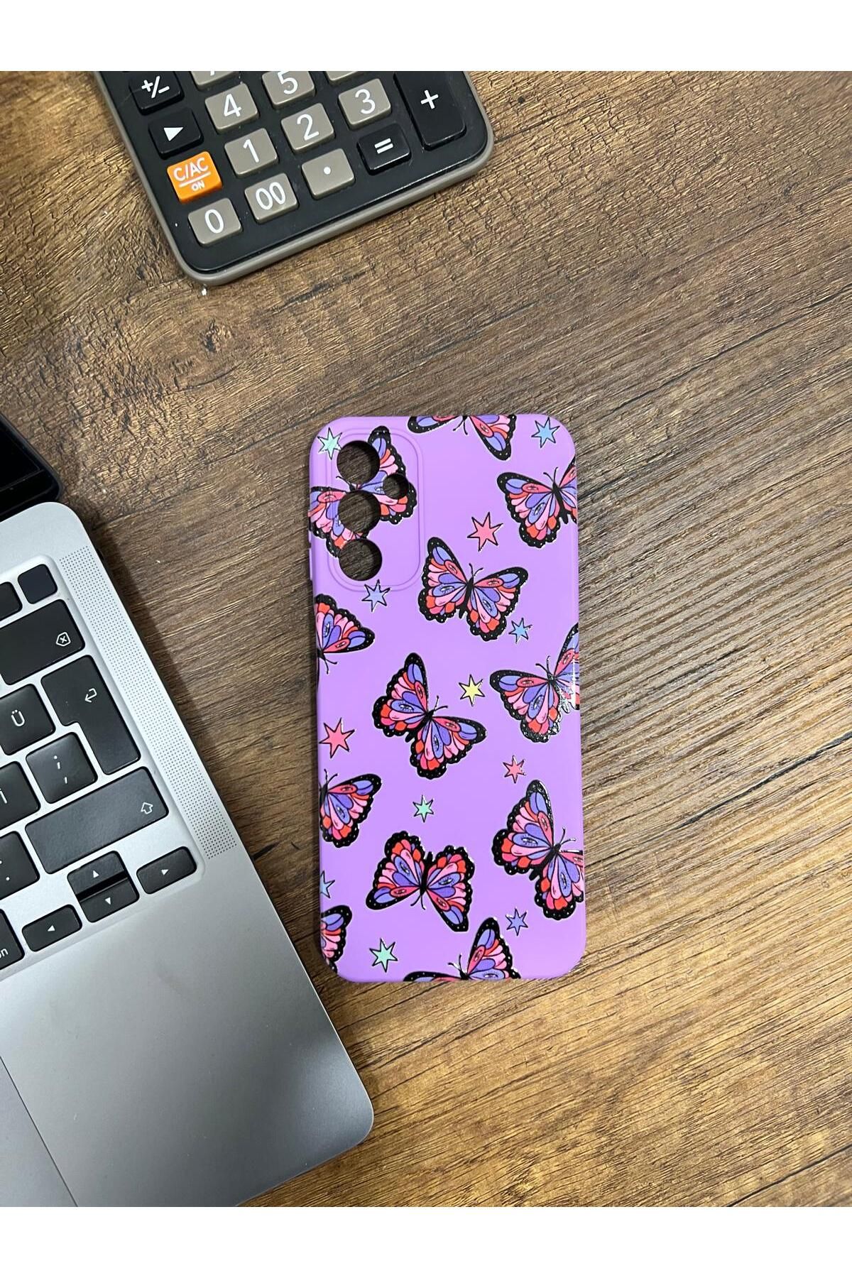 HZR Samsung A14 Renkli Kelebek Desenli Mor Silikon Kılıf