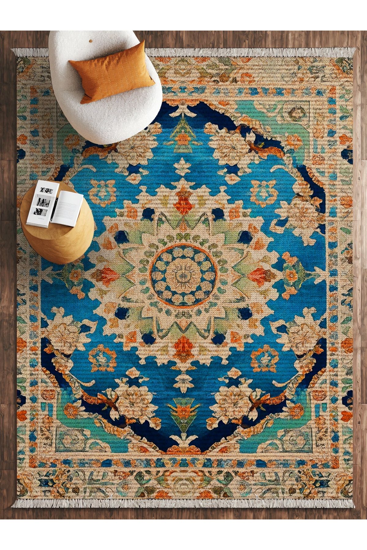 HALIZZON Selçuklu Mirası Klasik Halı Mavi El Dokuma Desenli Çiçek Motifli Dijital Halı