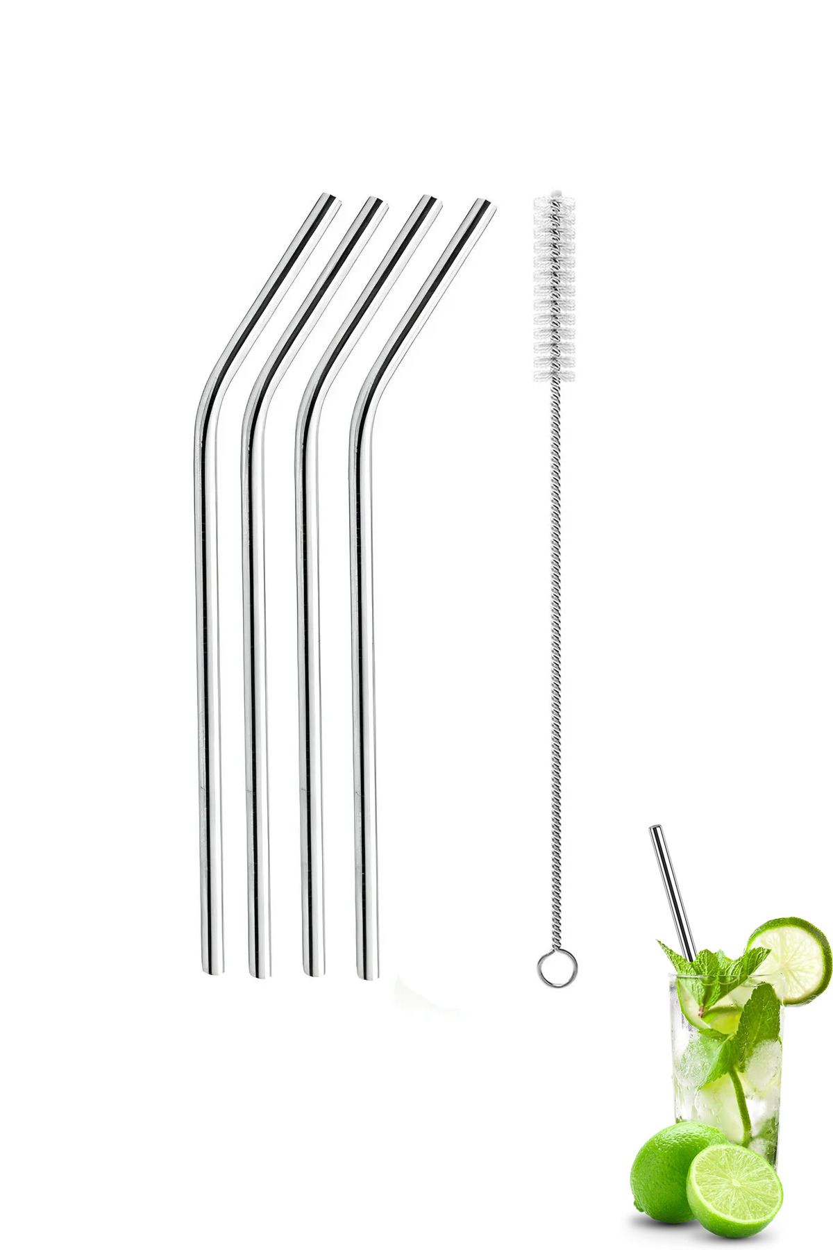 MAROKEN 4'lü Metal Pipet Ve Temizlik Fırçası Restaurant Kafe Bar Paslanmaz Çelik Pipetler Parti Organizasyon