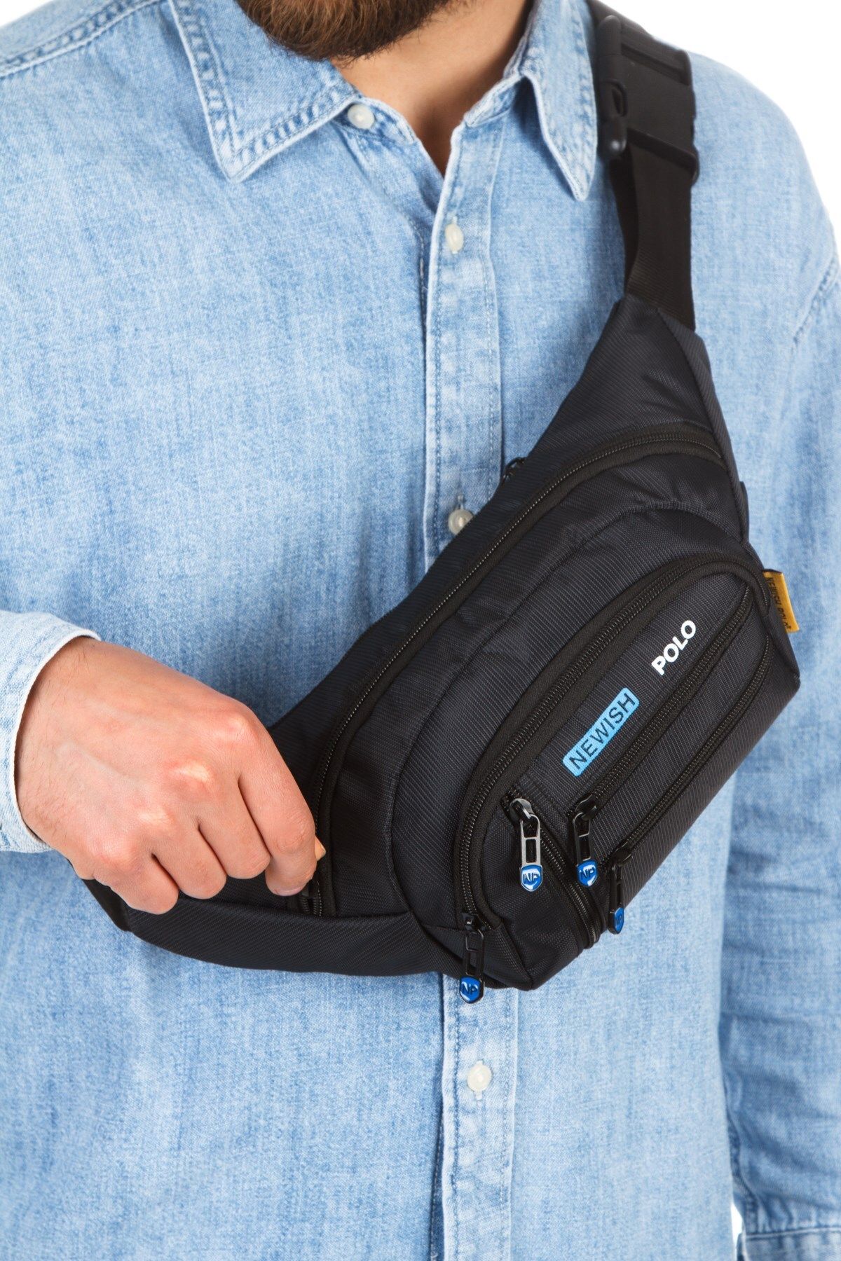 Newish Polo Erkek Siyah USB Kulaklık Çıkışlı Crossbody Çapraz Göğüs Omuz ve Bel Çantası