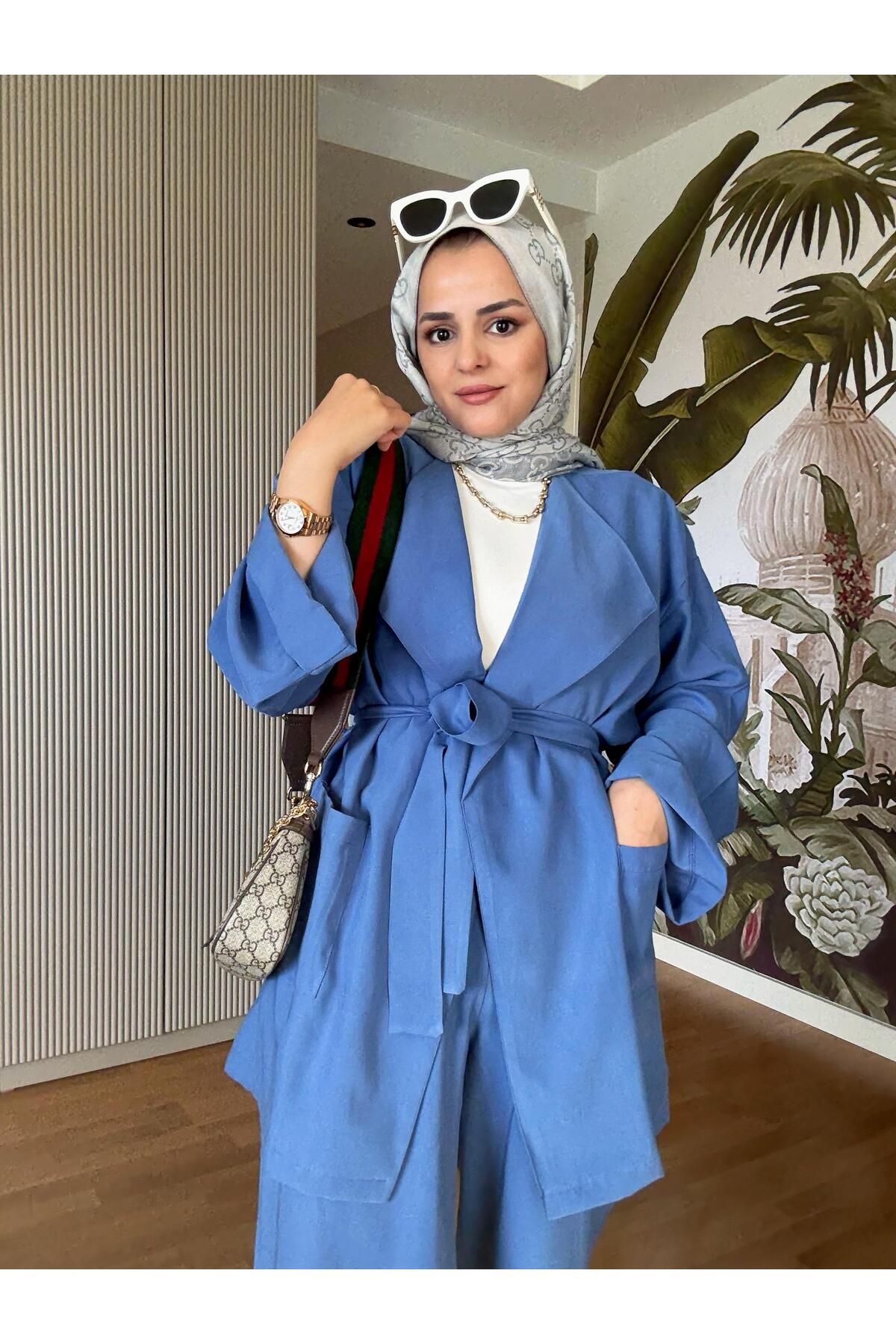 Aselim Hijap Moda İthal Dokuma Dökümlü Ceketli Kuşak İkili Takım Mavi