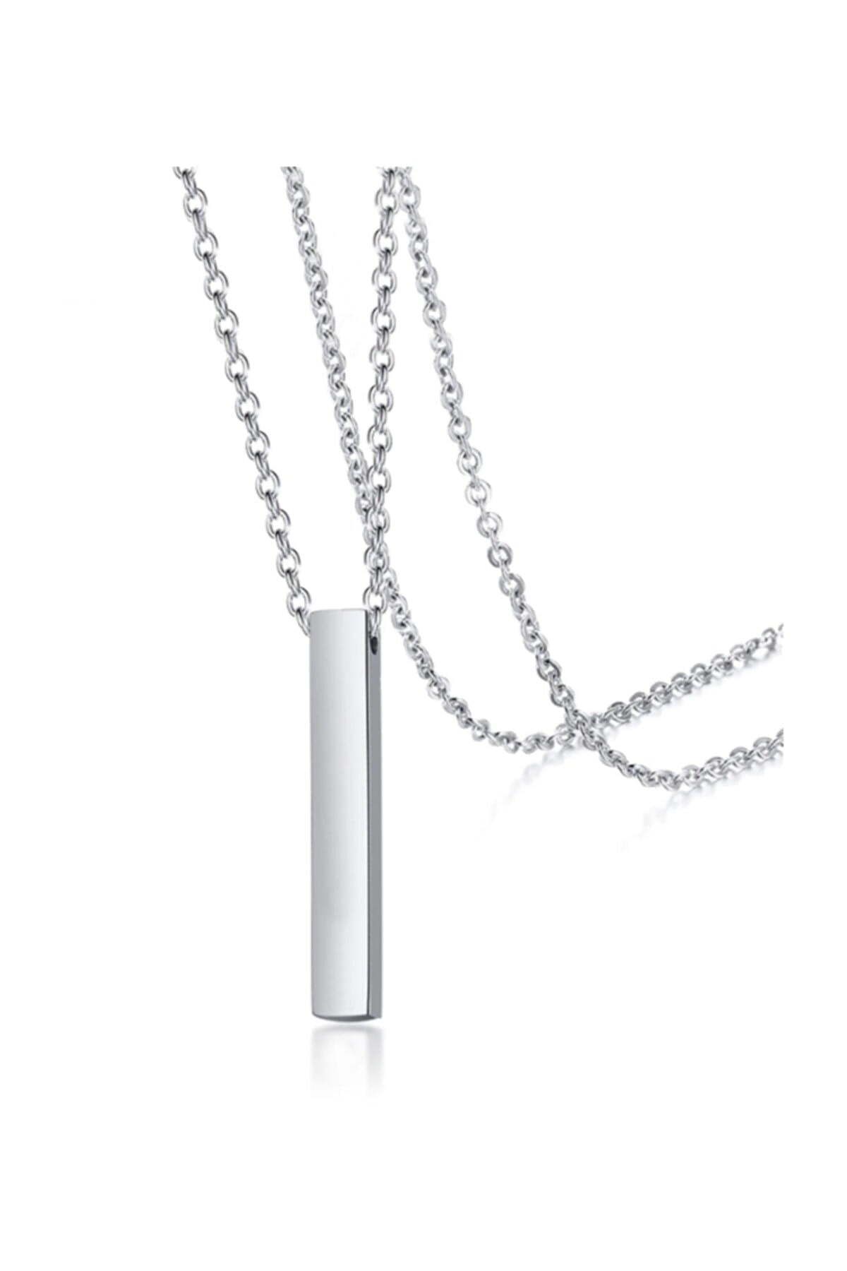 Rose Jewellery Official Unisex Gümüş Kaplamalı Çubuk Uzun Bar Dikdörtgen Kolye 70 Cm